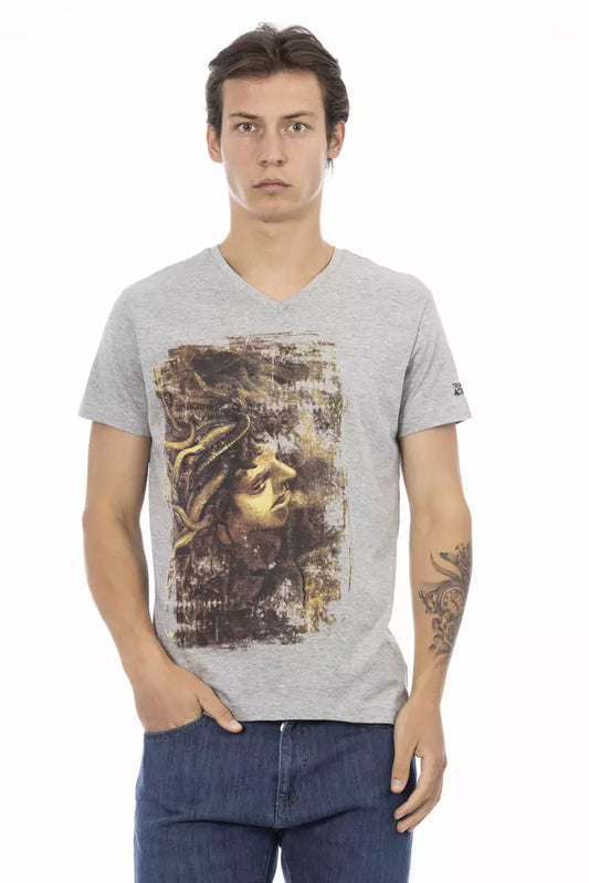 Trussardi Action Chic Graues T-Shirt mit V-Ausschnitt und stilvollem Frontdruck