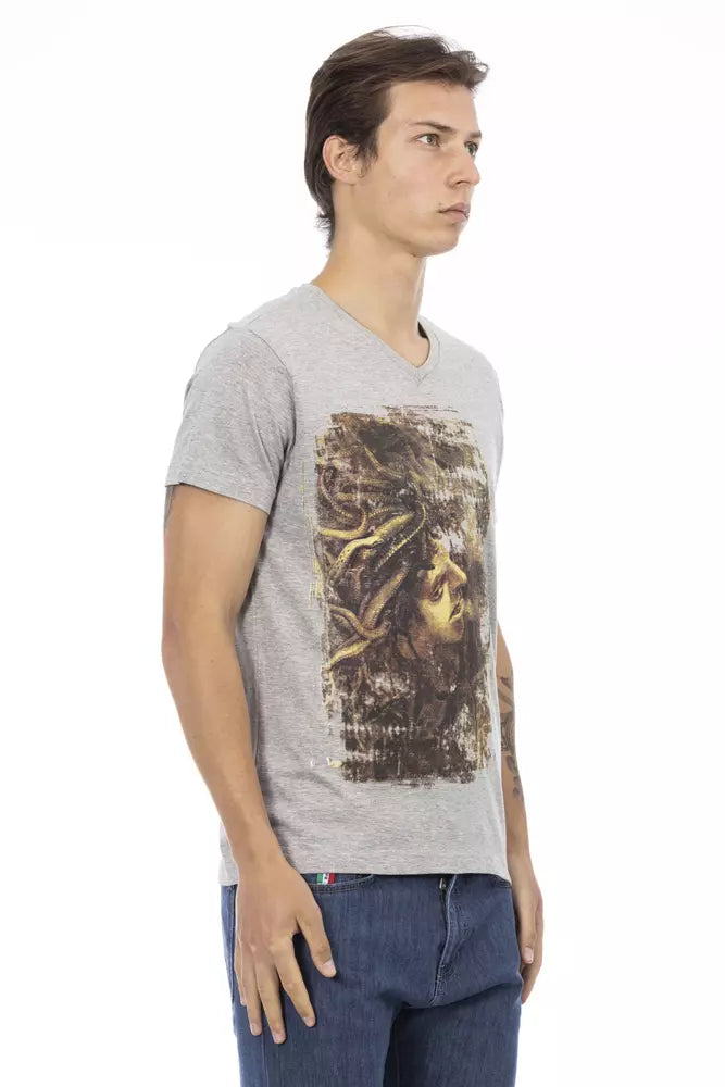 Trussardi Action Chic Graues T-Shirt mit V-Ausschnitt und stilvollem Frontdruck