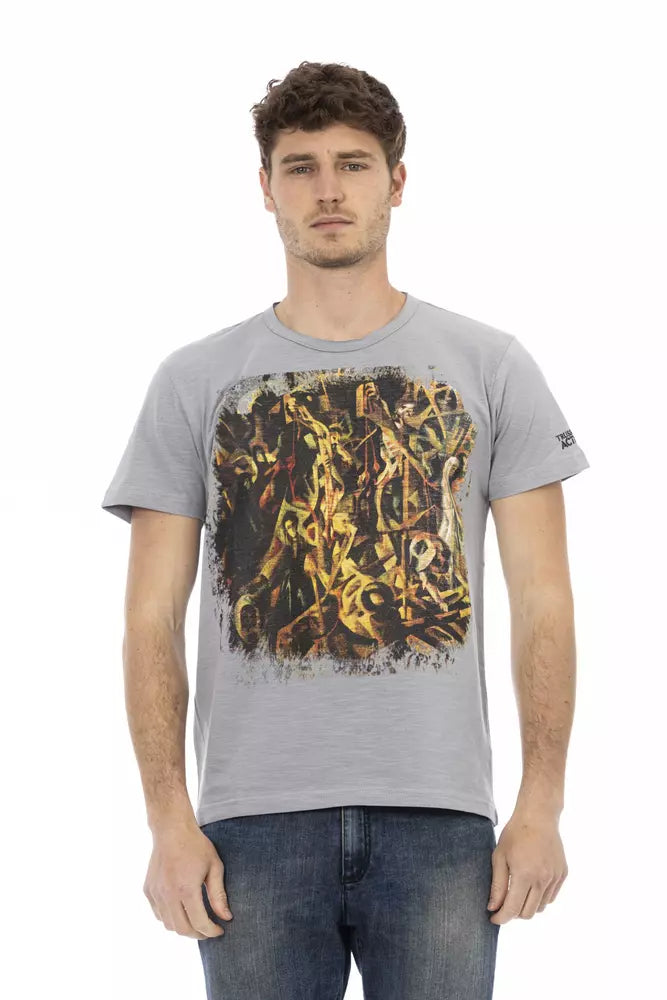 Trussardi Action Chic Graues Kurzarm-T-Shirt mit einzigartigem Aufdruck