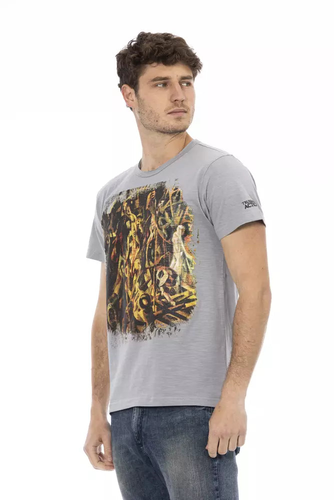 Trussardi Action Chic Graues Kurzarm-T-Shirt mit einzigartigem Aufdruck