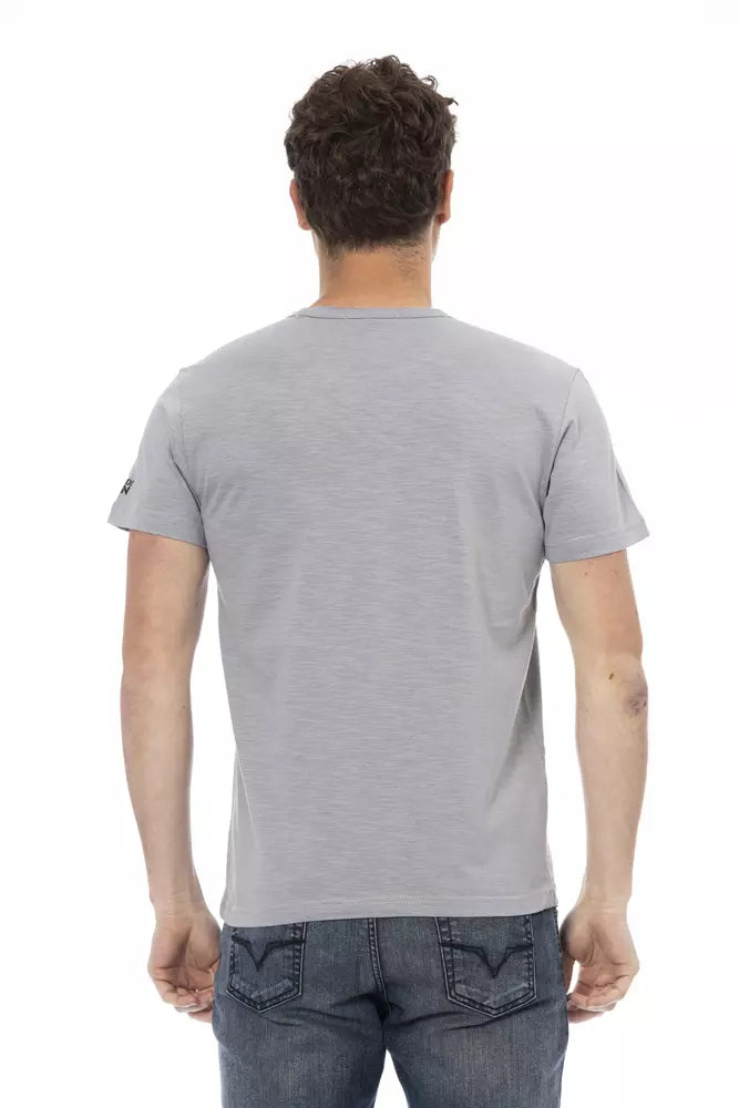 Trussardi Action Chic Graues Kurzarm-T-Shirt mit einzigartigem Aufdruck