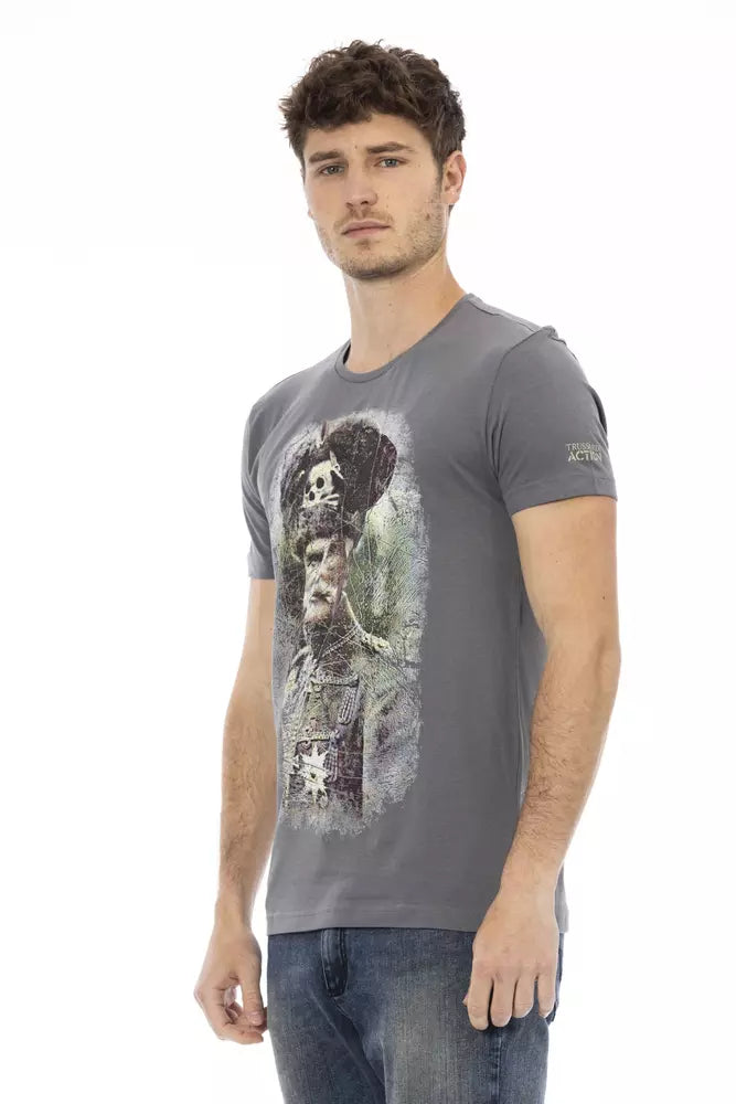 Trussardi Action – Elegantes graues T-Shirt mit Rundhalsausschnitt und Aufdruck auf der Vorderseite