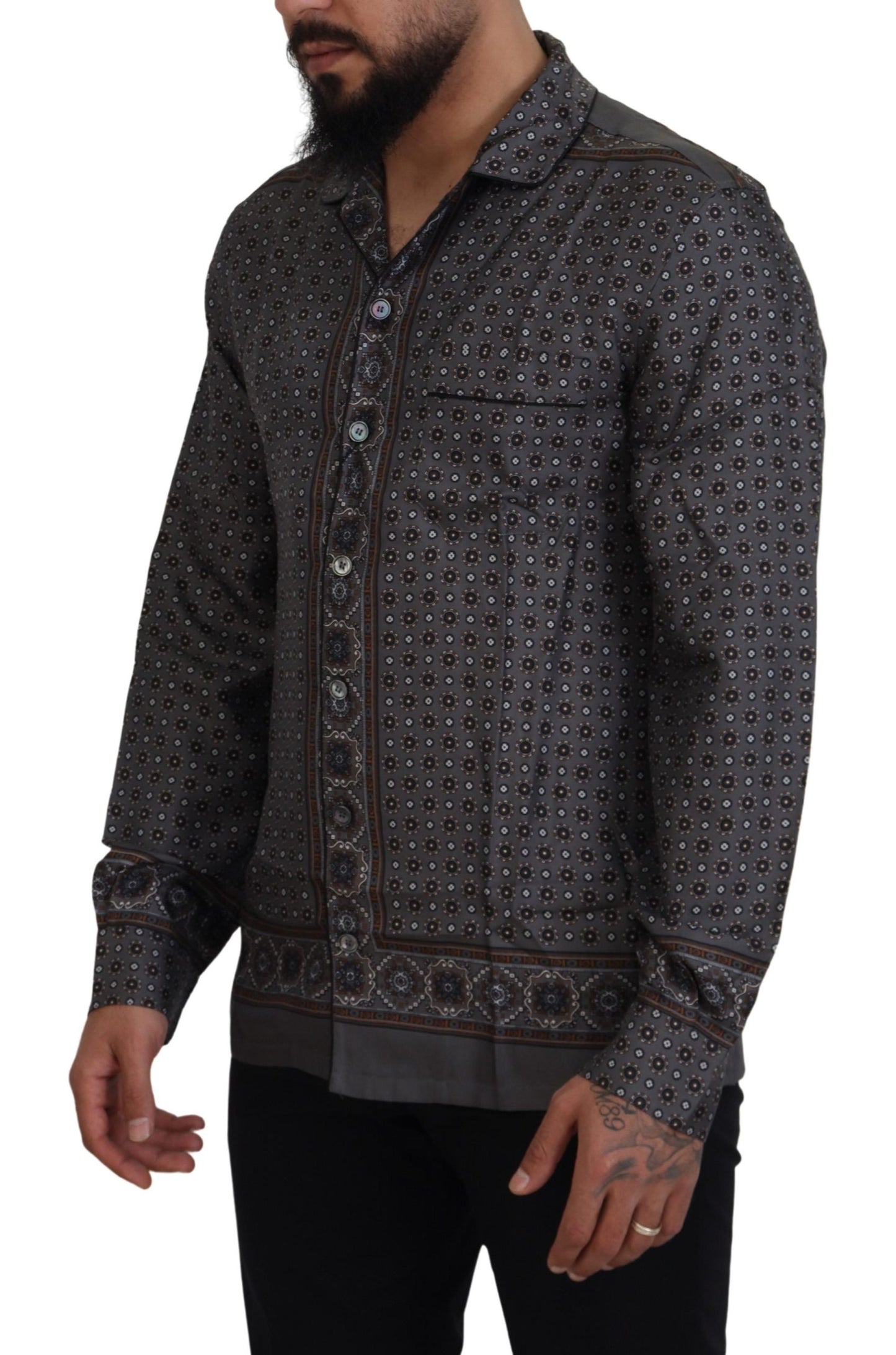 Dolce &amp; Gabbana Gray Baroque Silk Satin Casual Shirt