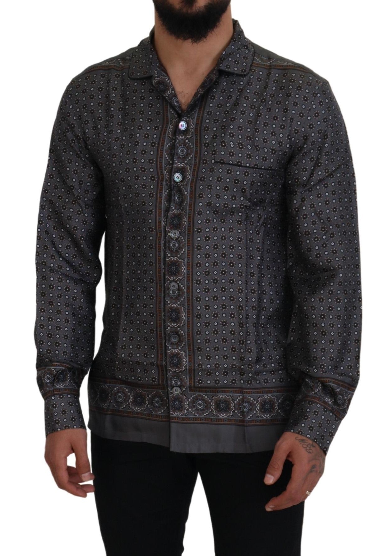 Dolce &amp; Gabbana Gray Baroque Silk Satin Casual Shirt