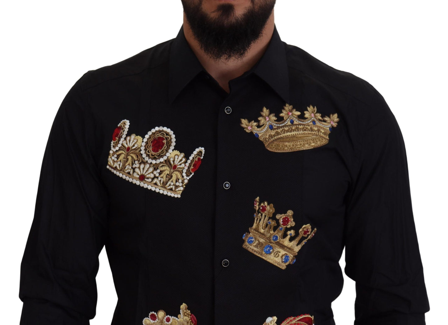 Dolce &amp; Gabbana Black Gold Crown Slim Fit Dress Formal Shirt