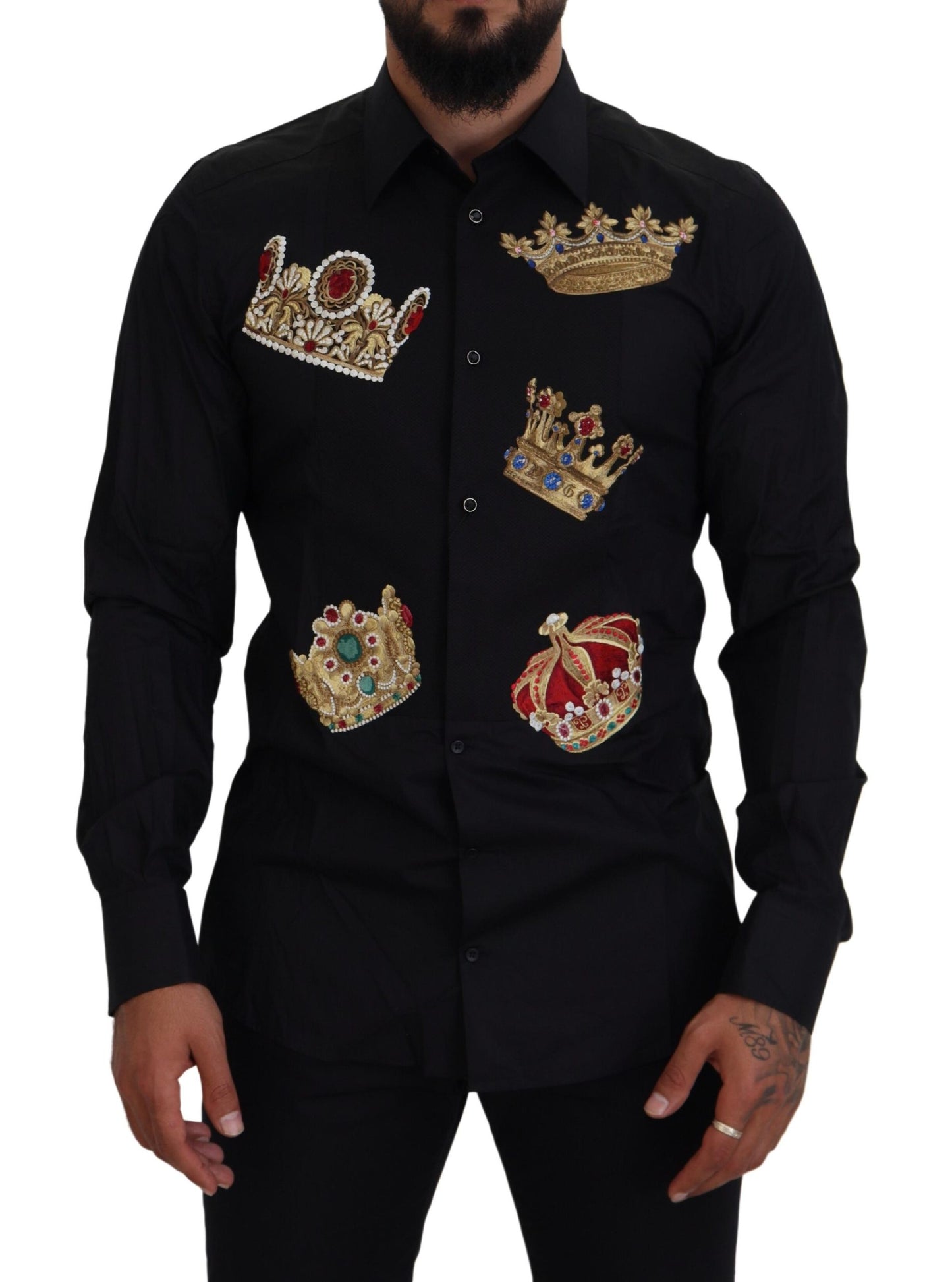 Dolce &amp; Gabbana Black Gold Crown Slim Fit Dress Formal Shirt