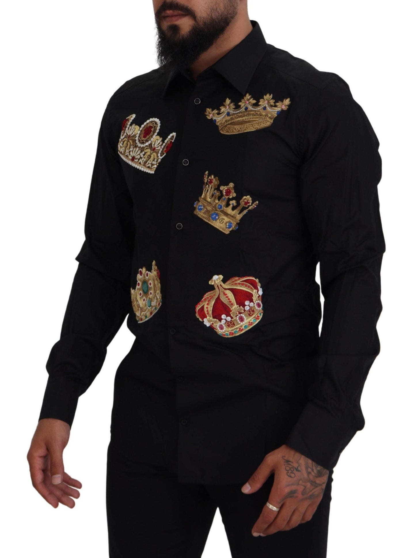 Dolce &amp; Gabbana Black Gold Crown Slim Fit Dress Formal Shirt