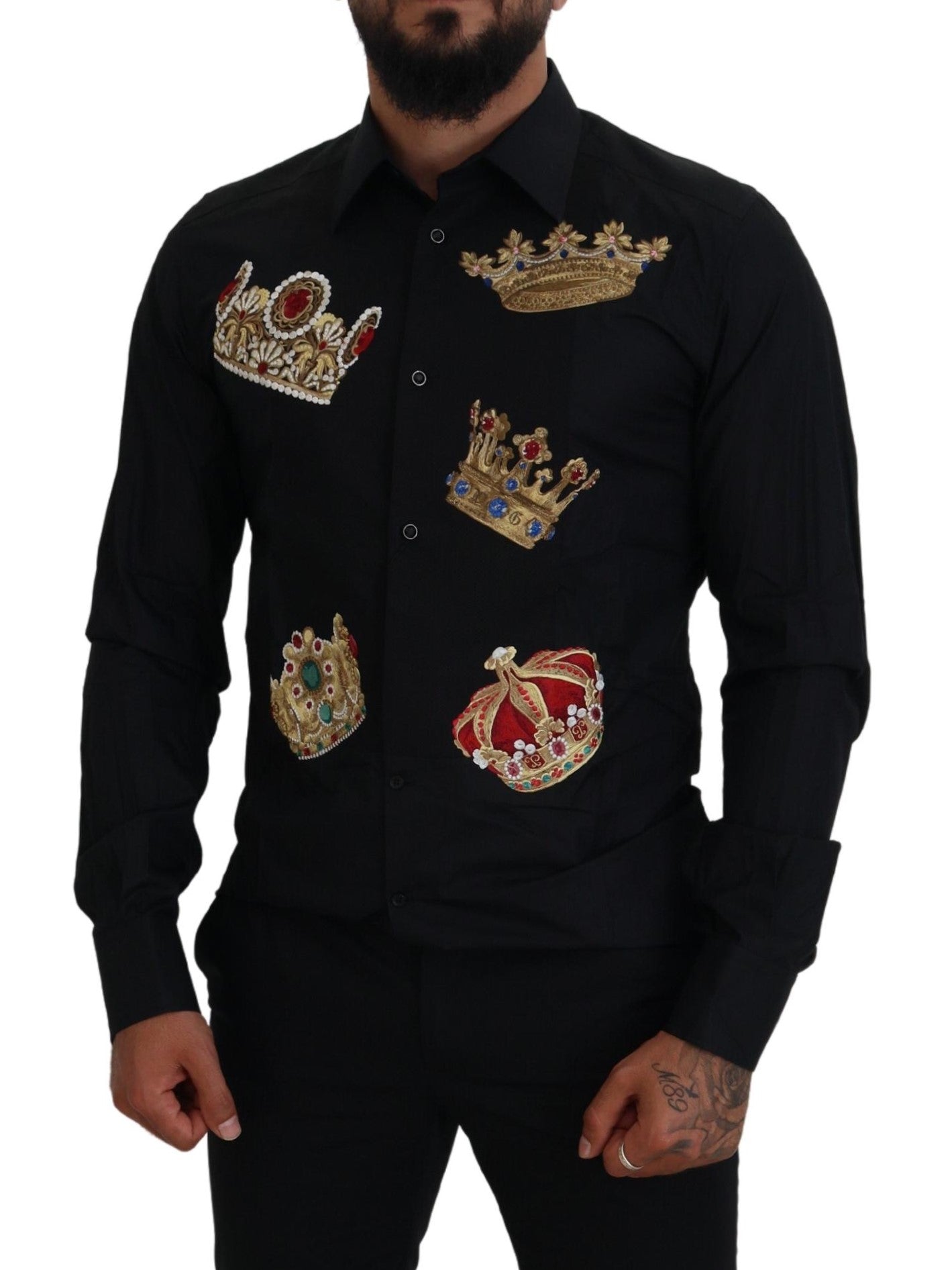 Dolce &amp; Gabbana Black Gold Crown Slim Fit Dress Formal Shirt