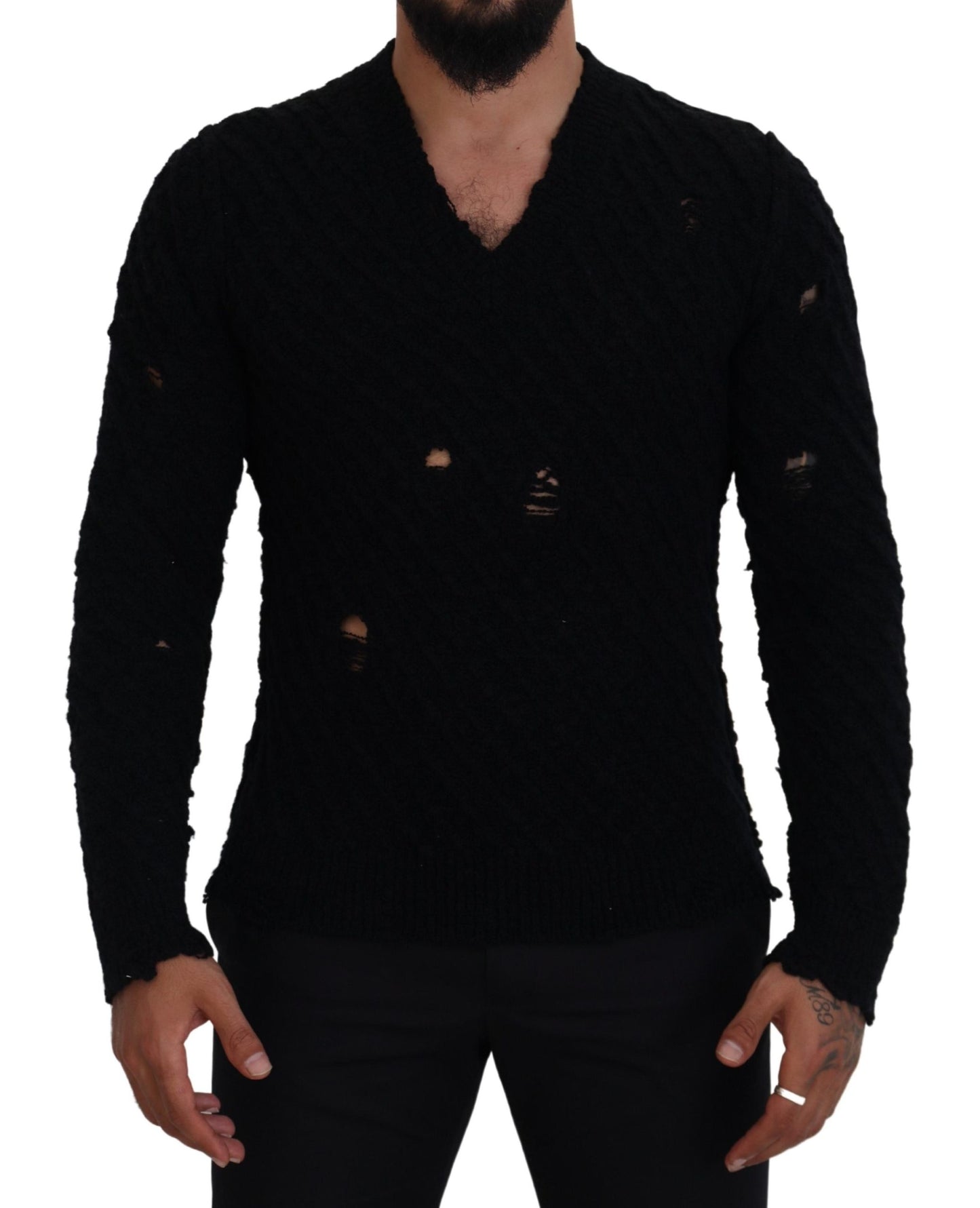 Dolce &amp; Gabbana Black Wool V-neck Knitted Pullover Sweater