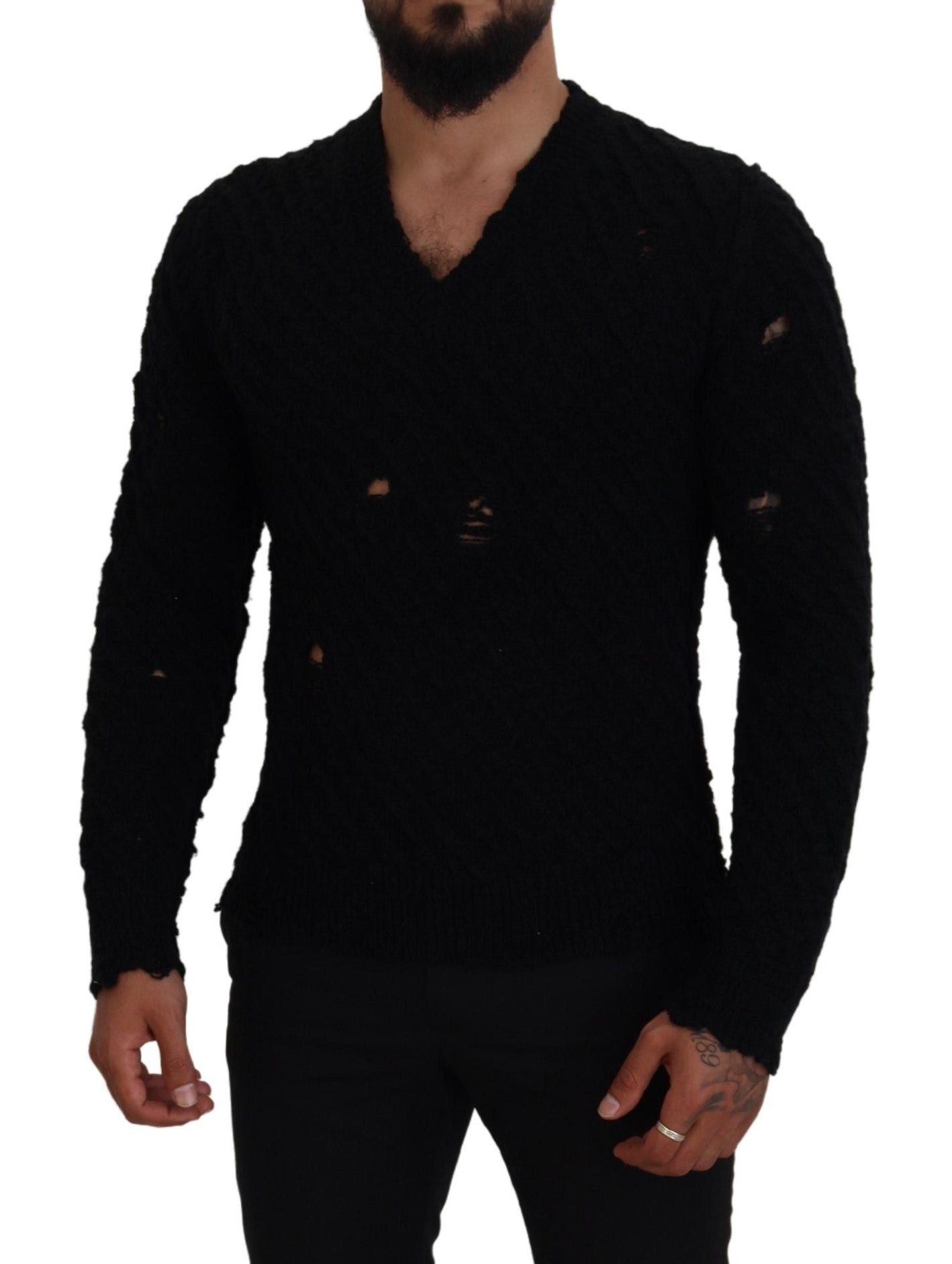 Dolce &amp; Gabbana Black Wool V-neck Knitted Pullover Sweater