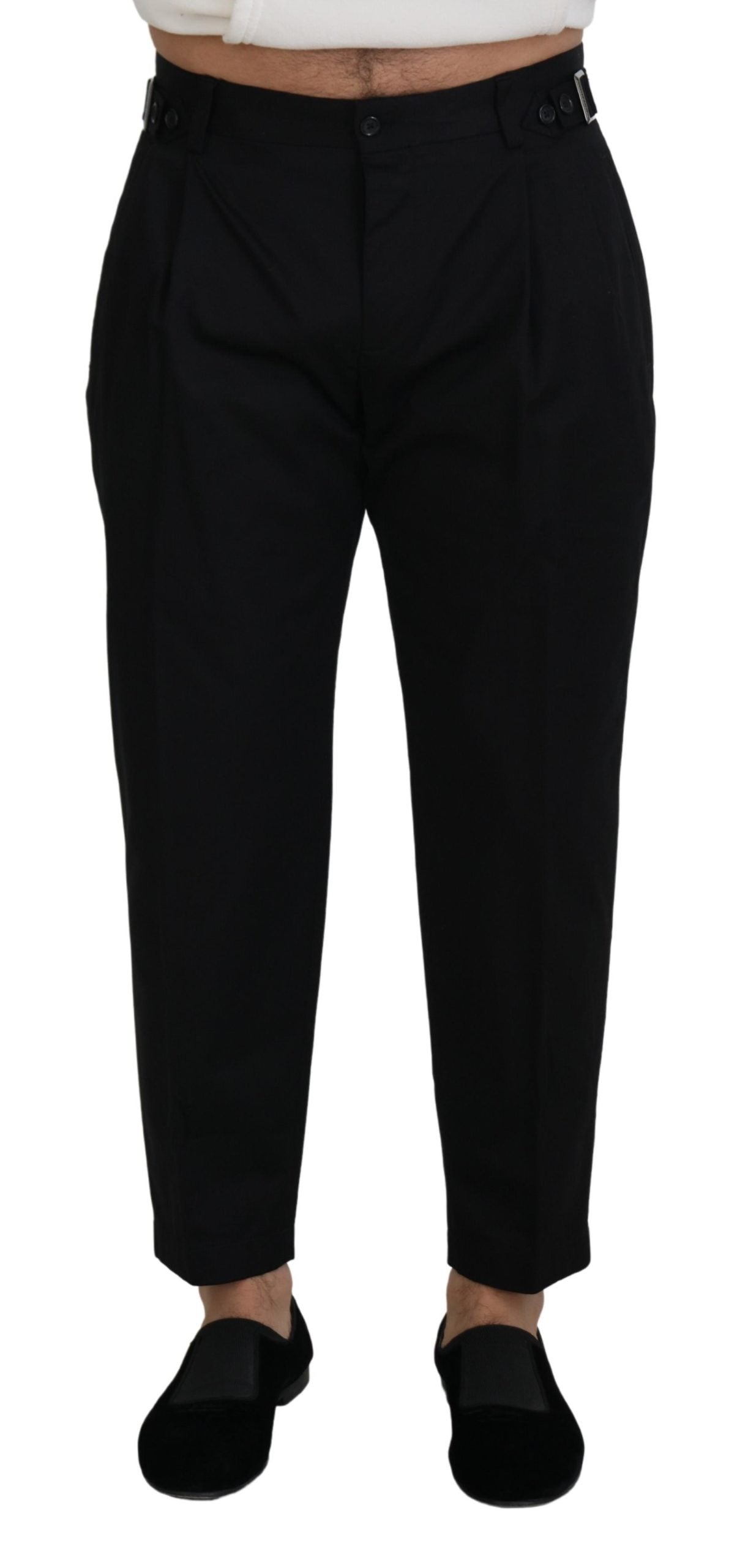 Dolce &amp; Gabbana Glatte schwarze italienische Designerhose mit seitlicher Schnalle