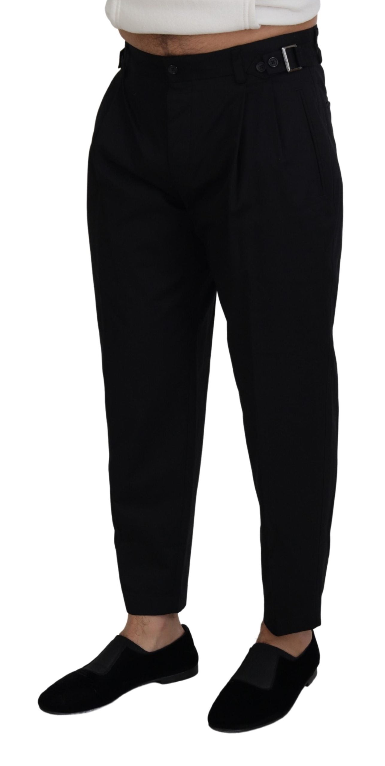 Dolce &amp; Gabbana Glatte schwarze italienische Designerhose mit seitlicher Schnalle