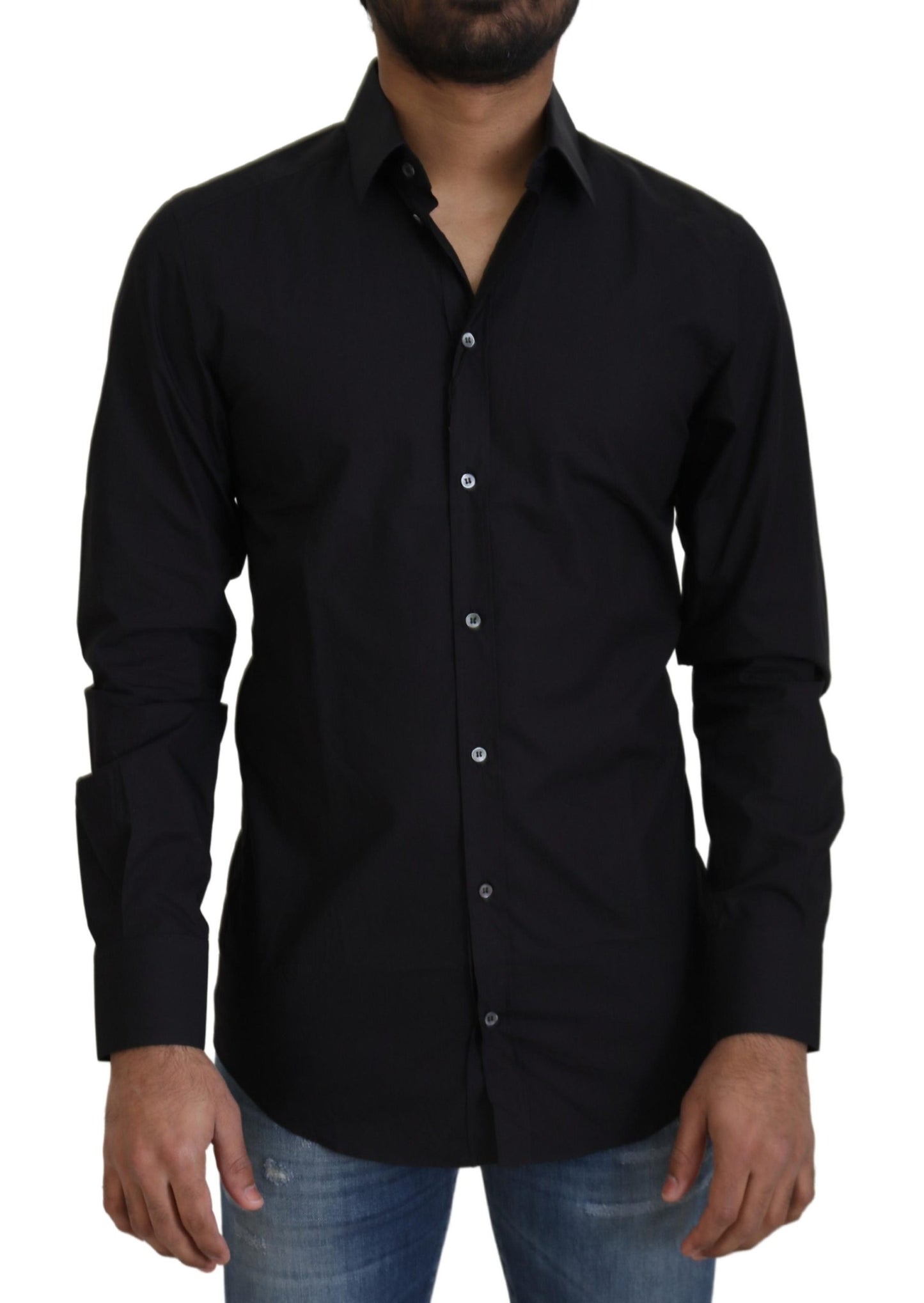 Dolce &amp; Gabbana Black Cotton Slim Fit Formal Dress GOLD Shirt