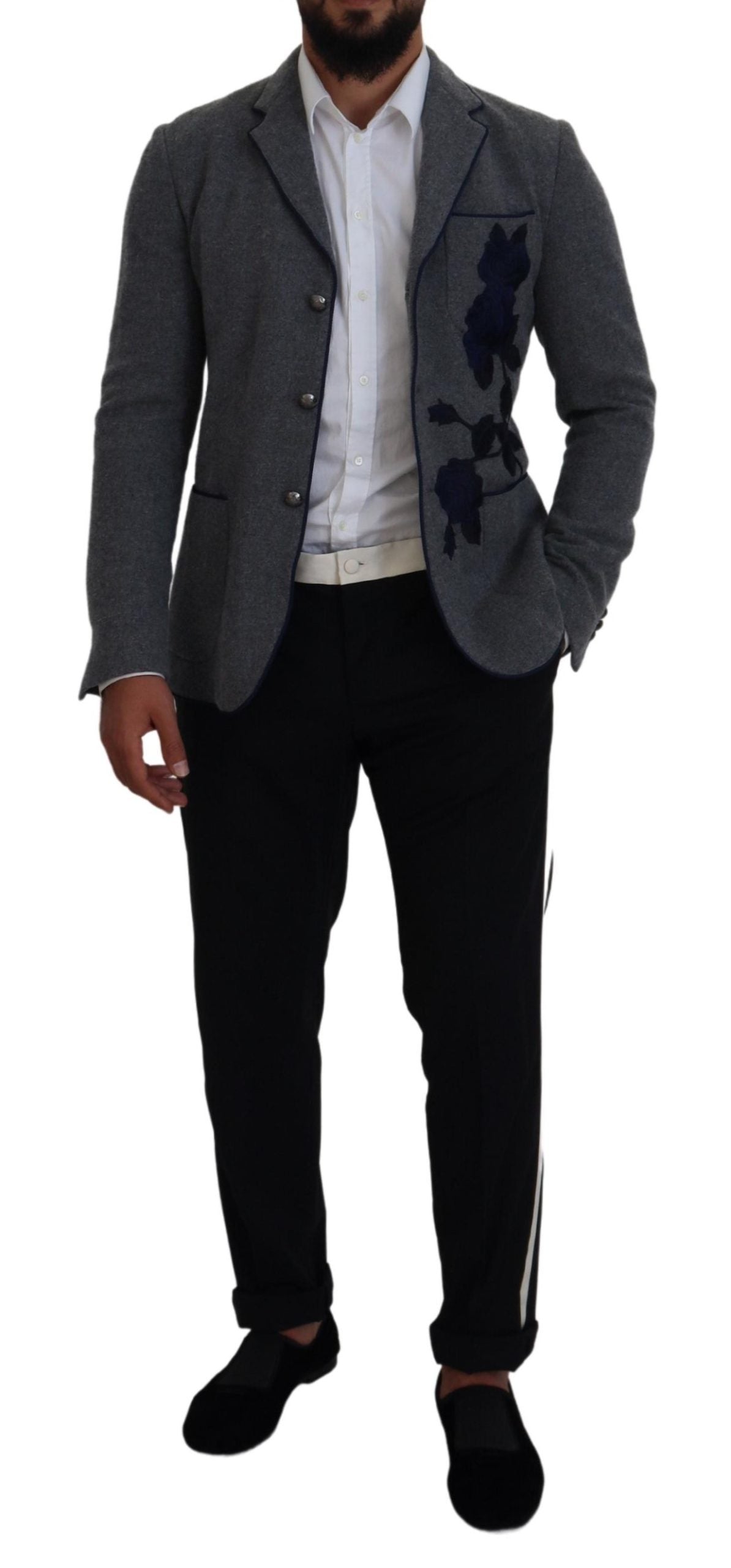 Dolce &amp; Gabbana Gray Wool Roses Slim Fit Jacket Blazer