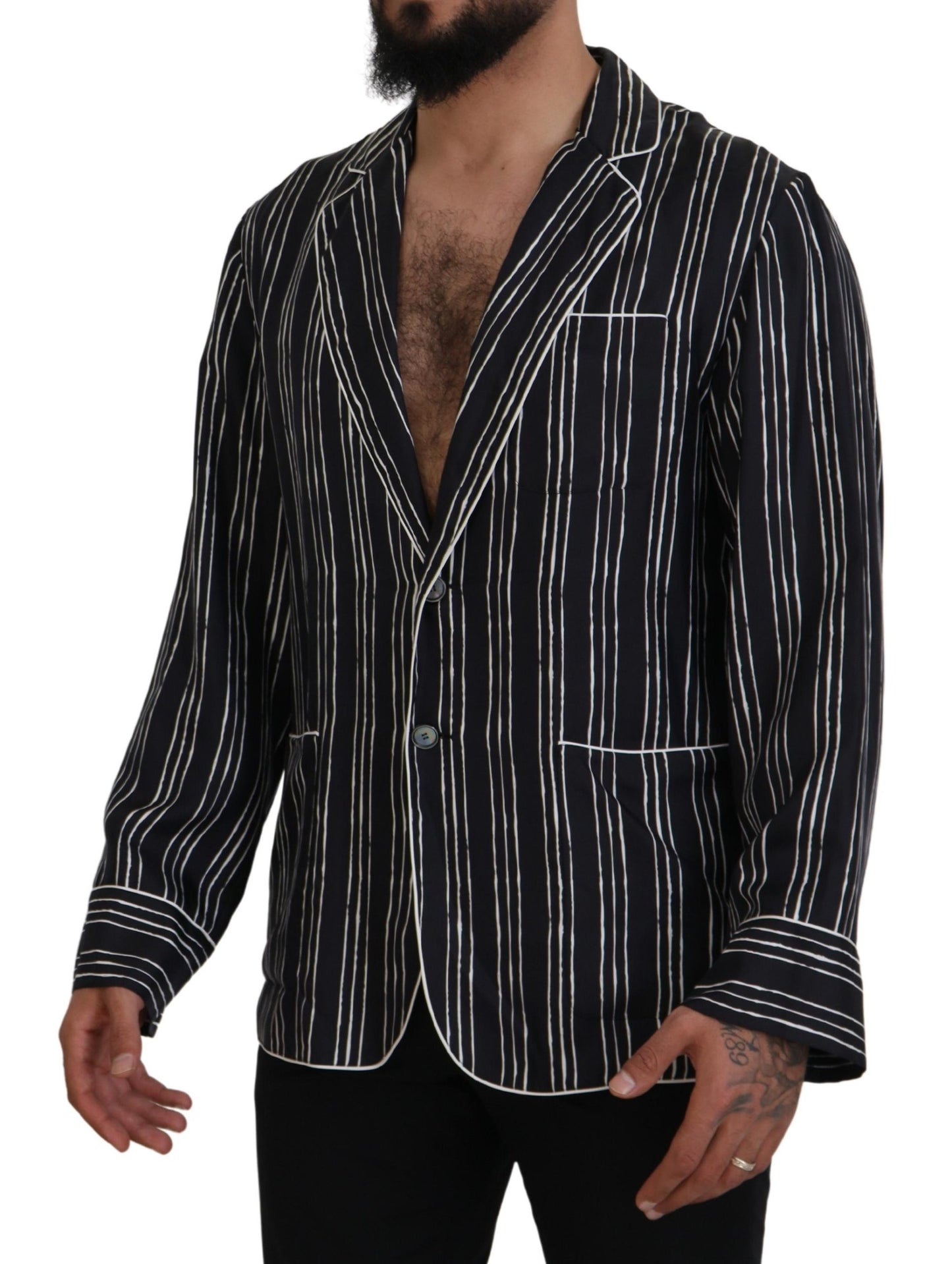 Dolce &amp; Gabbana Blue Striped Silk Pajama Shirt Jacket