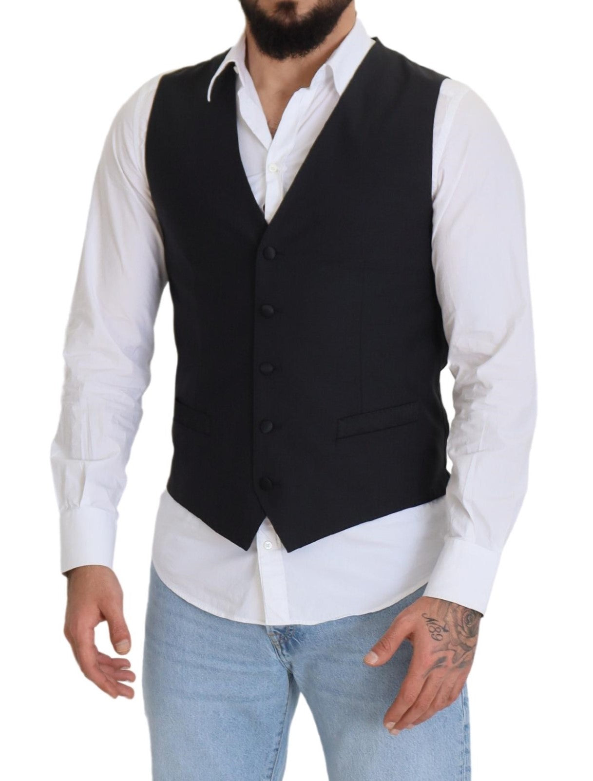 Dolce &amp; Gabbana Black Wool Stretch Waistcoat Formal Vest