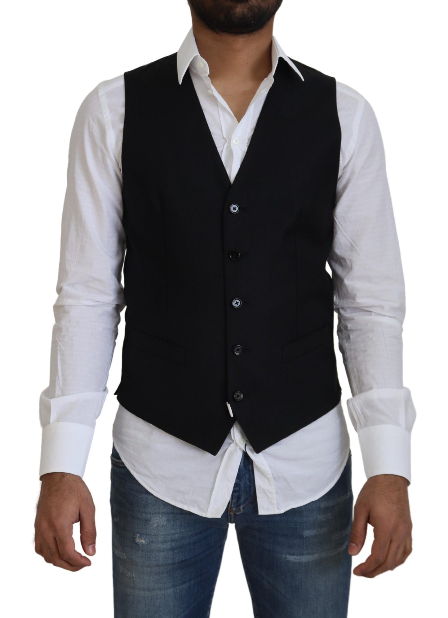 Dolce &amp; Gabbana Black Wool Stretch Waistcoat Formal Vest