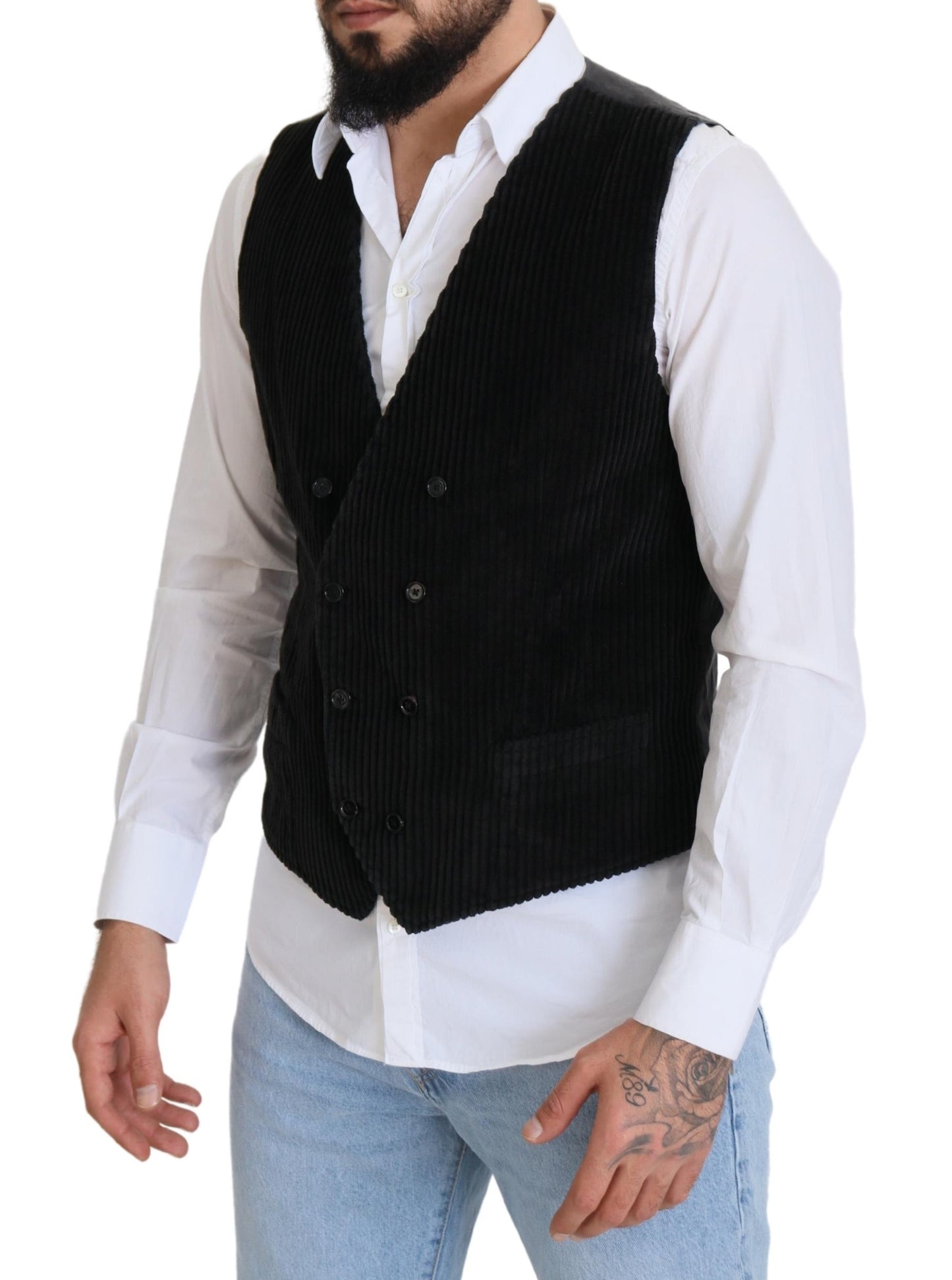 Dolce &amp; Gabbana Black Cotton Double Breasted Waistcoat Vest