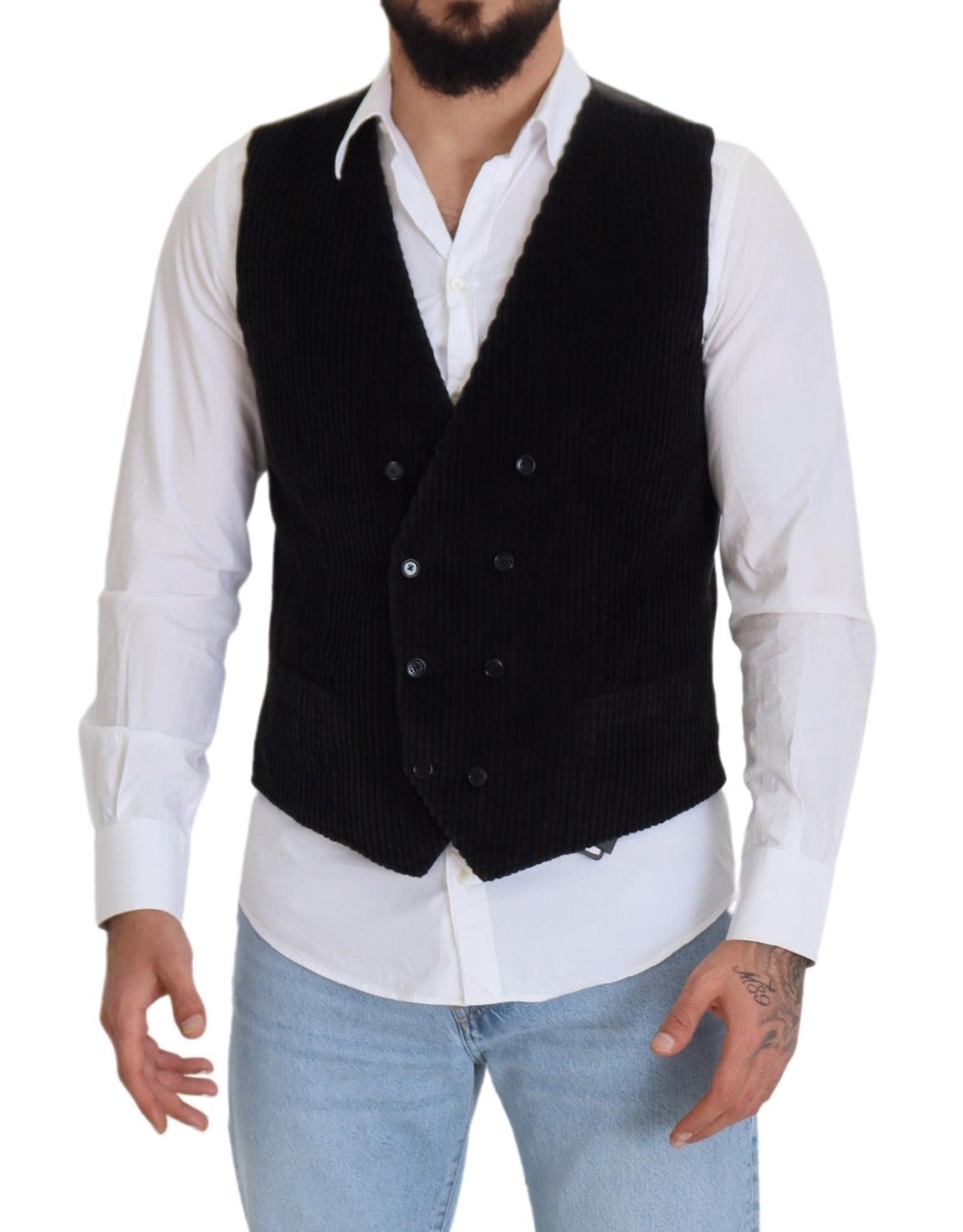 Dolce &amp; Gabbana Black Cotton Double Breasted Waistcoat Vest