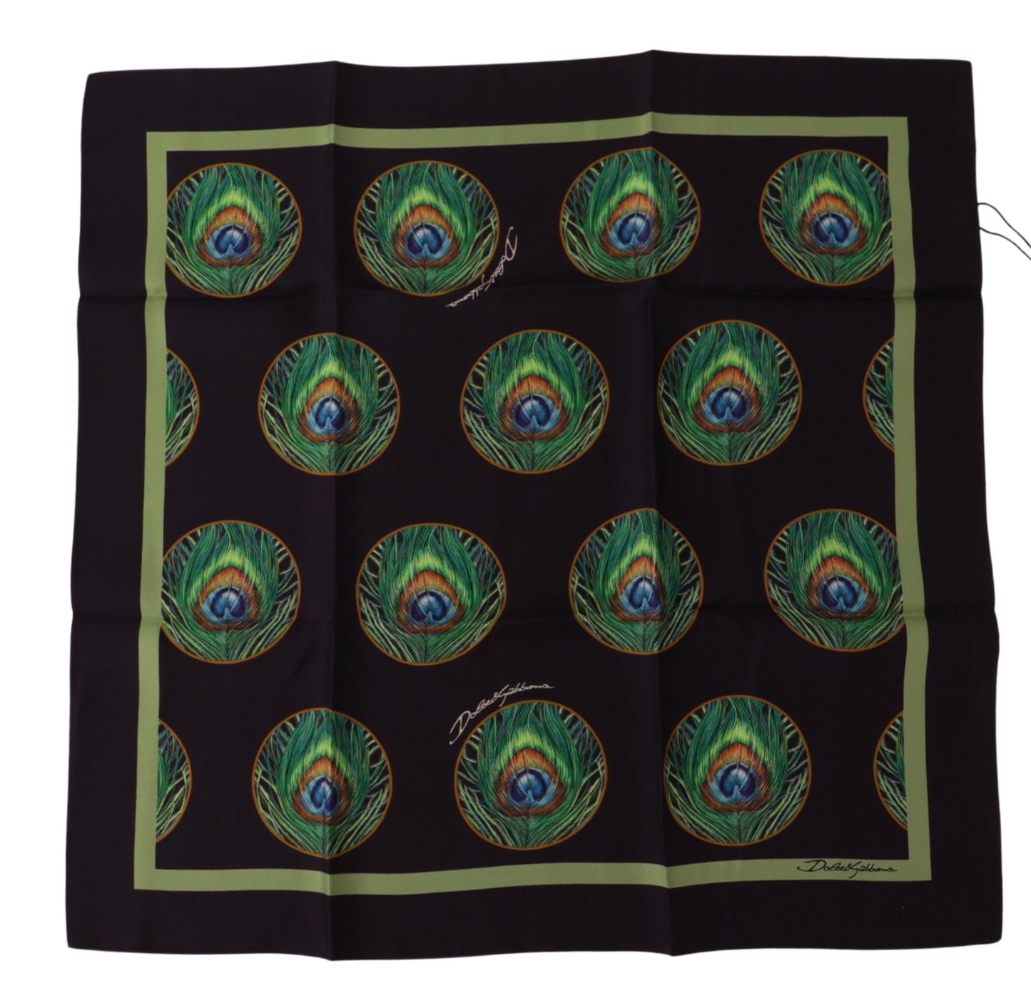 Dolce &amp; Gabbana Black Peacock Feather DG Printed Square Handkerchief Scarf