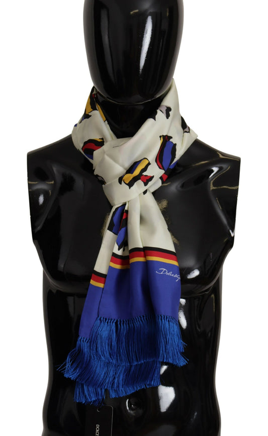 Dolce &amp; Gabbana Multicolor Fish Printed Shawl Neck Wrap Fringe Scarf