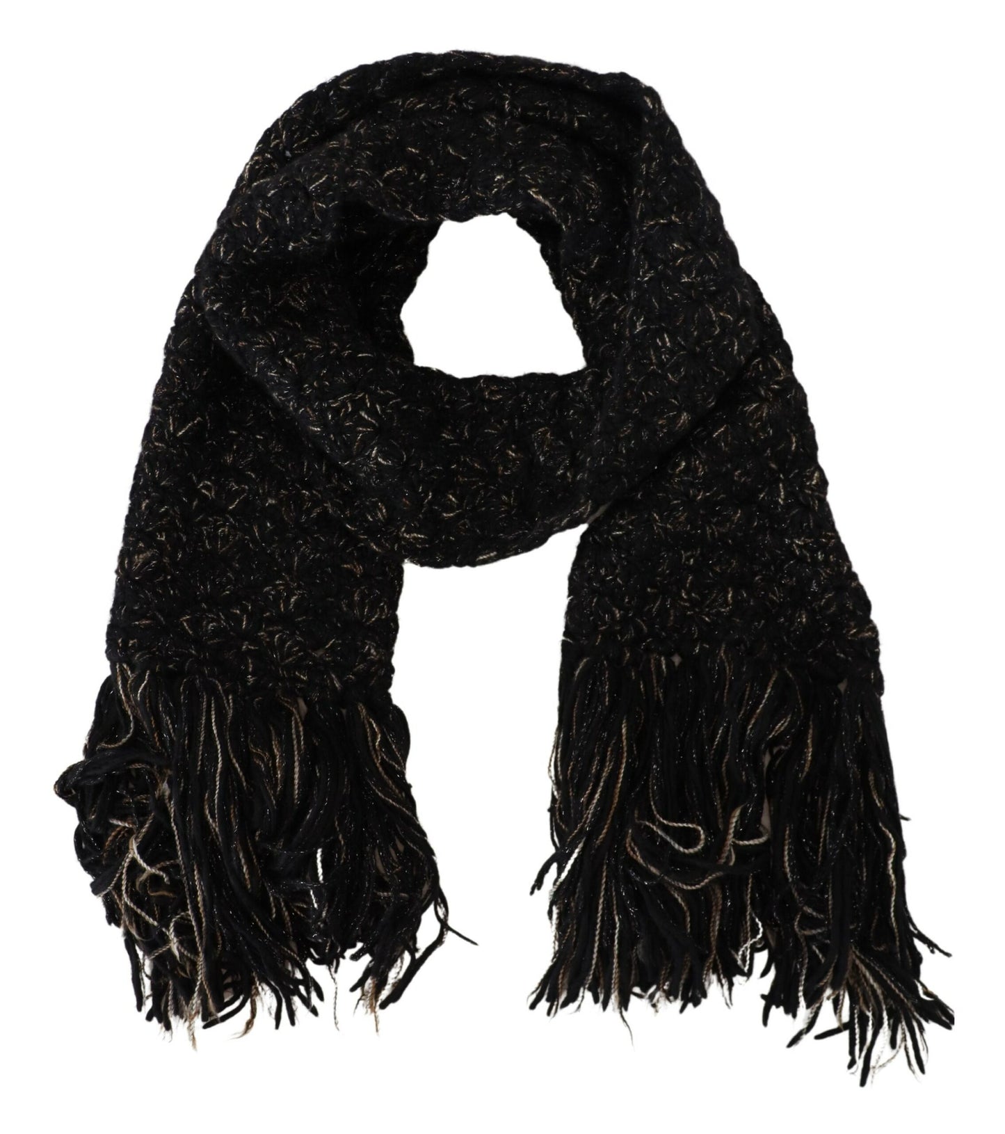 Dolce &amp; Gabbana Black Wool Knitted Wrap Foulard Fringe Scarf