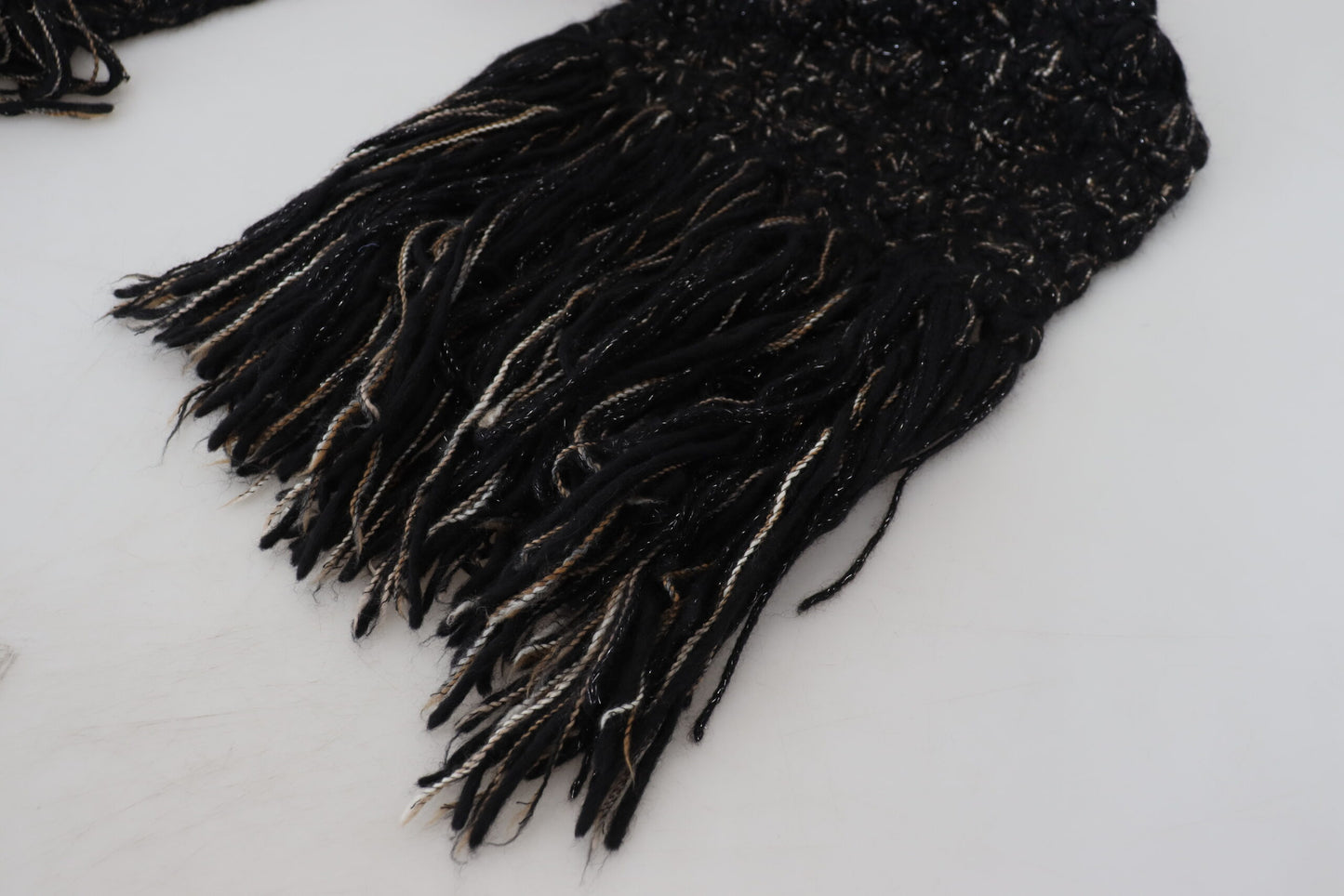 Dolce &amp; Gabbana Black Wool Knitted Wrap Foulard Fringe Scarf