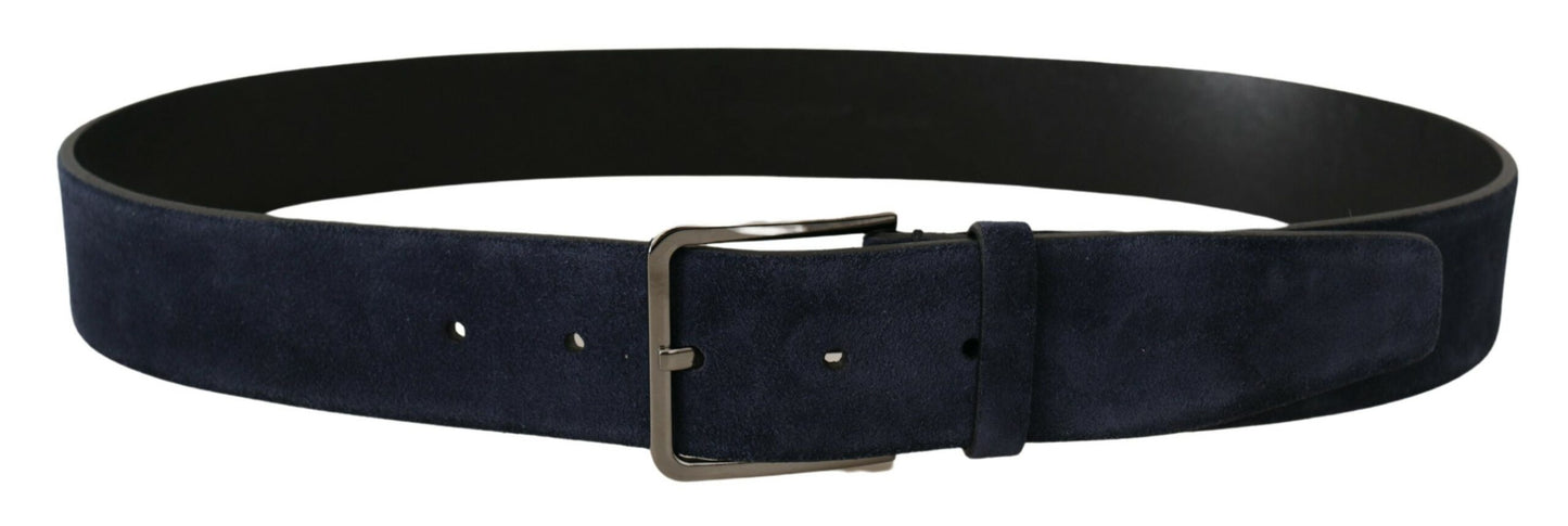 Dolce &amp; Gabbana Navy Blue Velvet Leather Silver Logo Buckle Belt