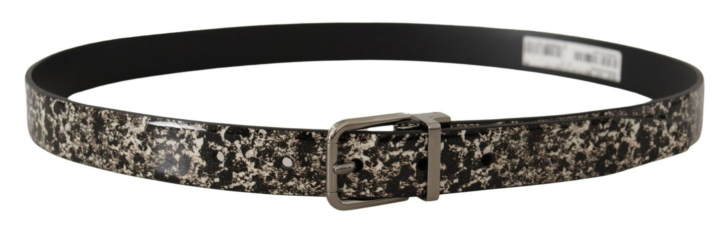 Dolce &amp; Gabbana Black Marble Print Leather Silver Logo Buckle Belt