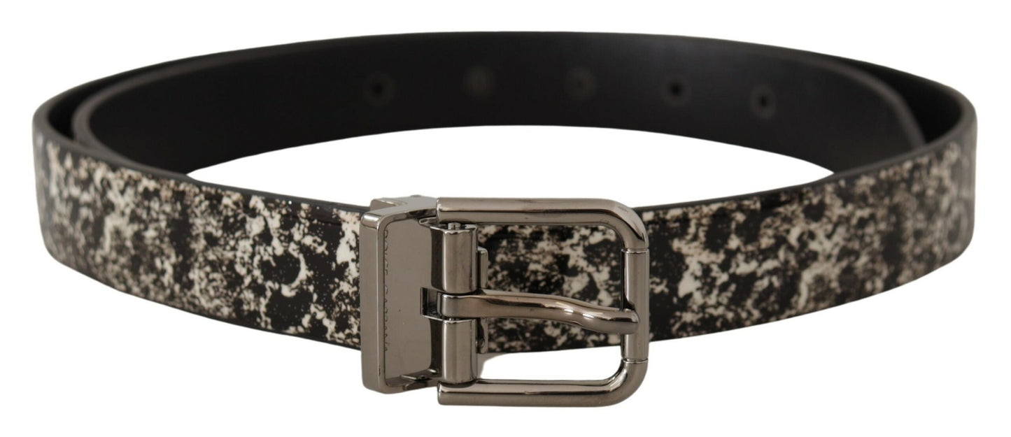 Dolce &amp; Gabbana Black Marble Print Leather Silver Logo Buckle Belt