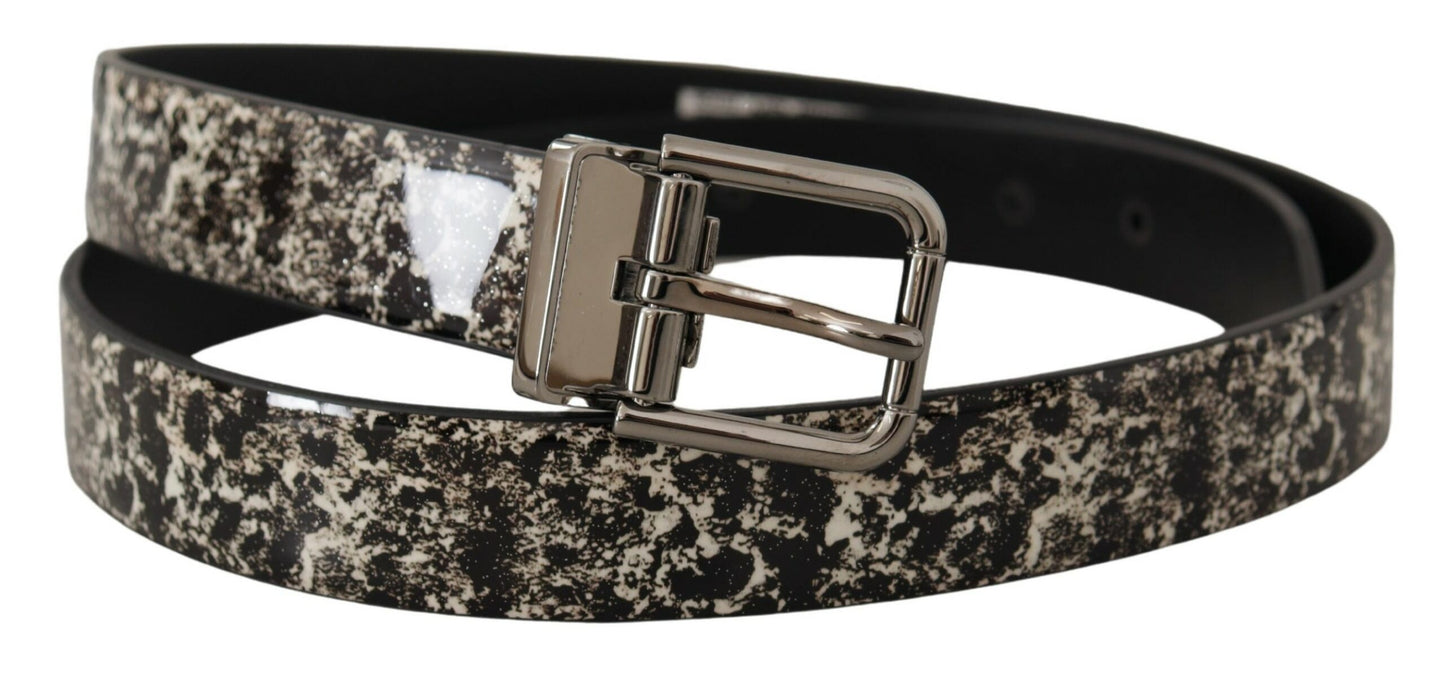 Dolce &amp; Gabbana Black Marble Print Leather Silver Logo Buckle Belt