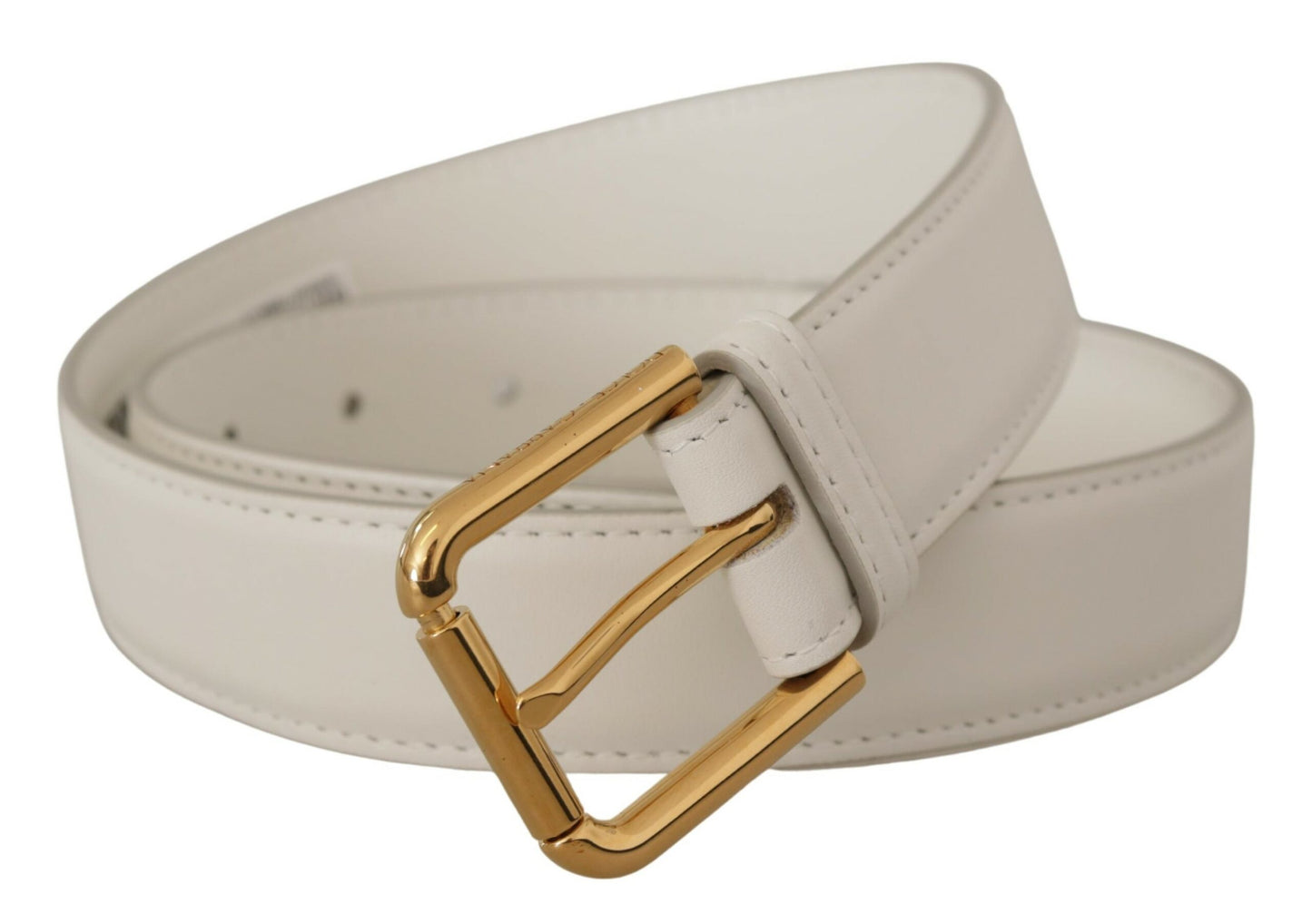 Dolce &amp; Gabbana White Calf Leather Gold Tone Logo Metal Buckle Belt