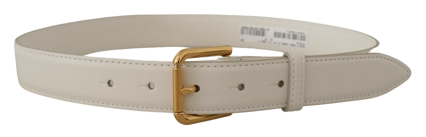 Dolce &amp; Gabbana White Calf Leather Gold Tone Logo Metal Buckle Belt