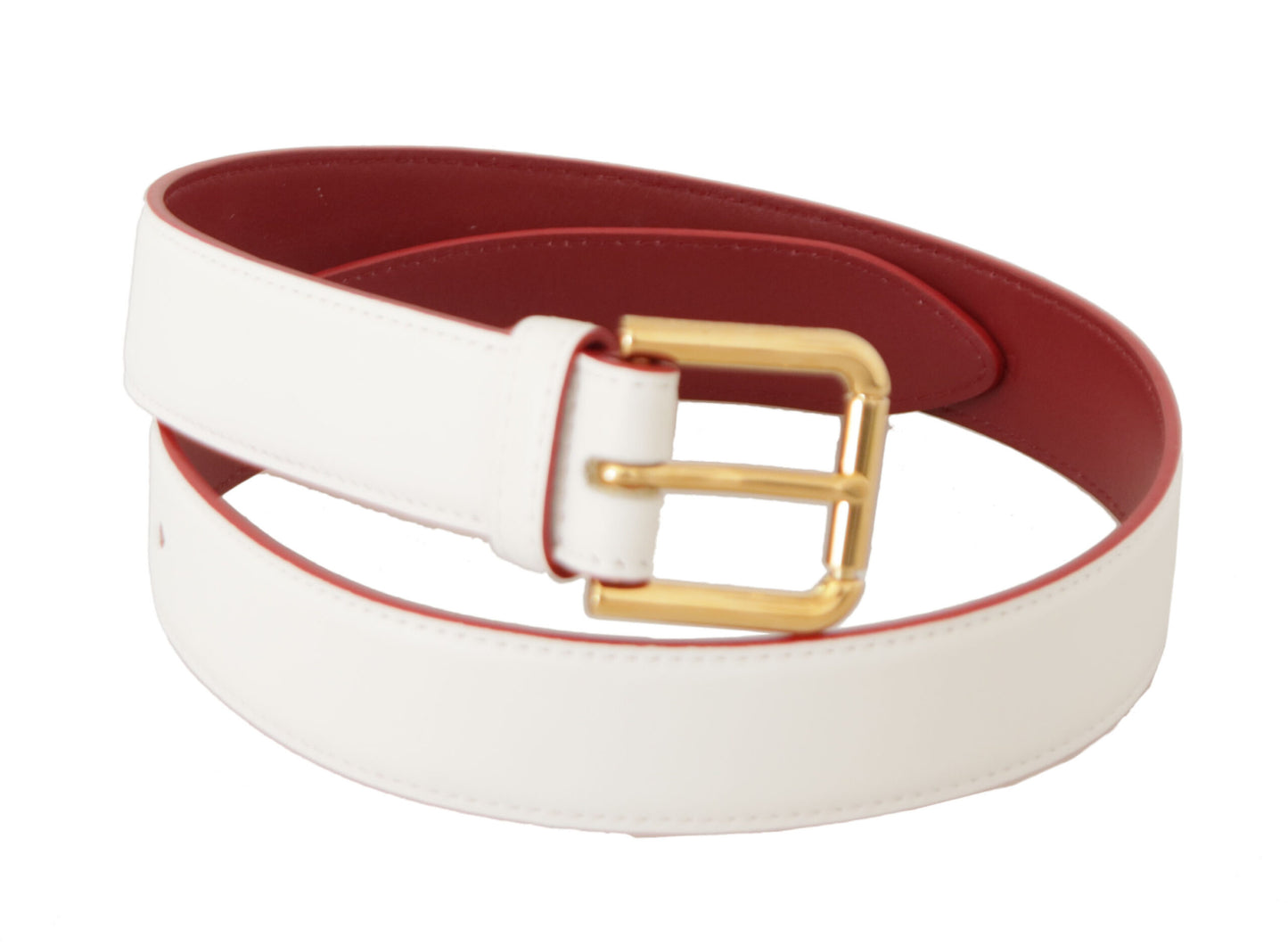 Dolce &amp; Gabbana White Calf Leather Two-Toned Gold Metal Buckle Belt