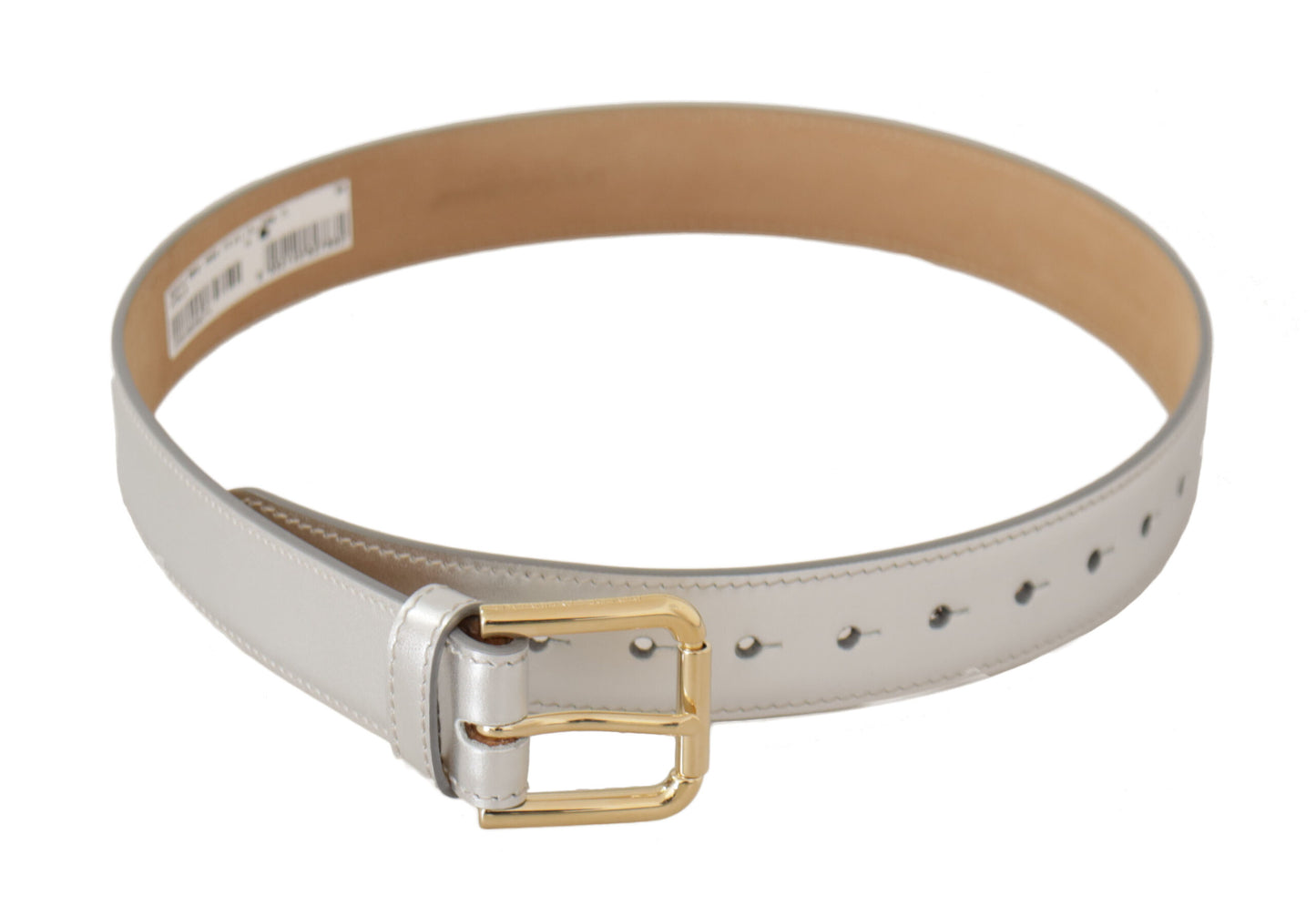 Dolce &amp; Gabbana Silver Leather Gold Tone Logo Metal Buckle Belt