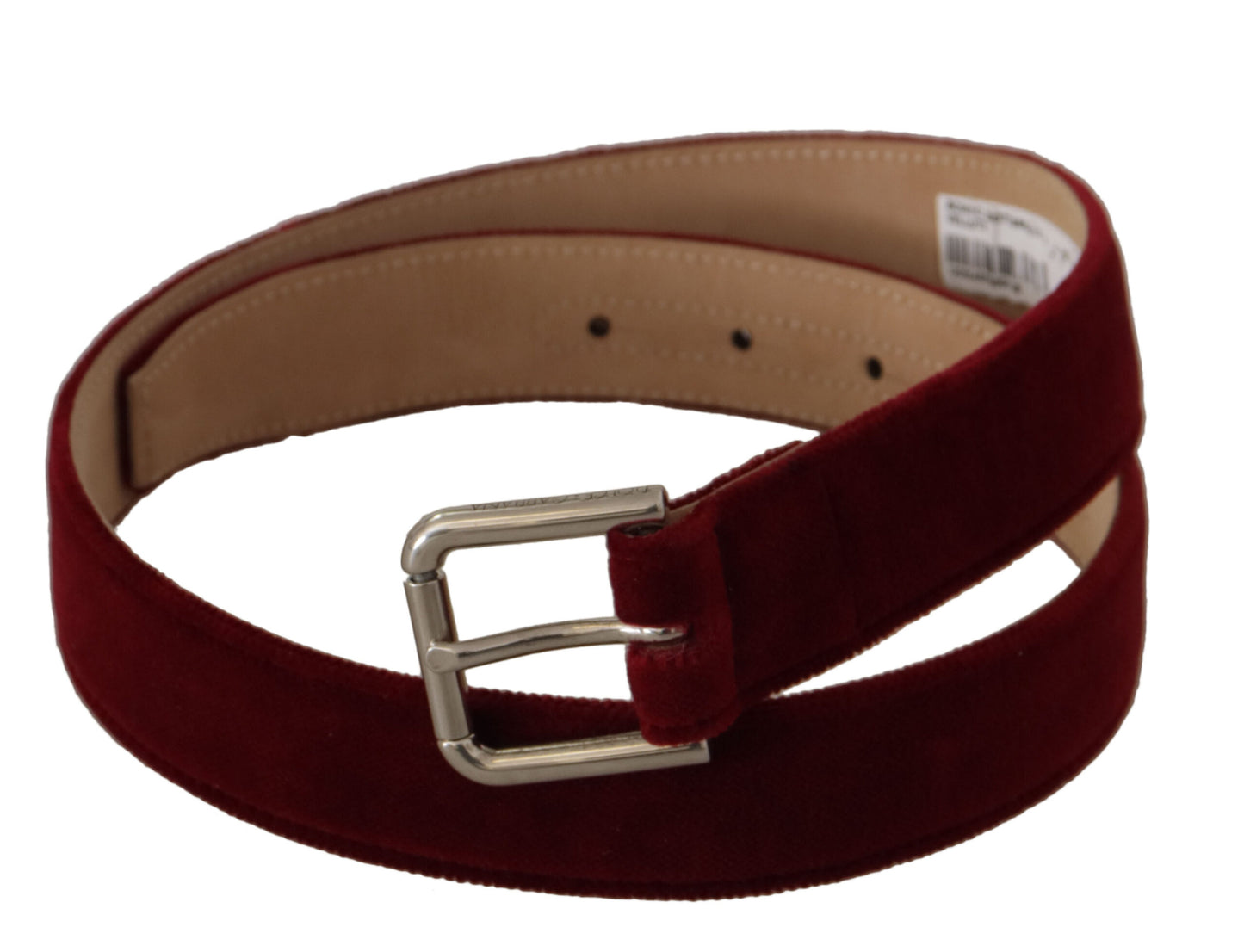 Dolce &amp; Gabbana Red Velvet Silver Logo Engraved Metal Buckle Belt