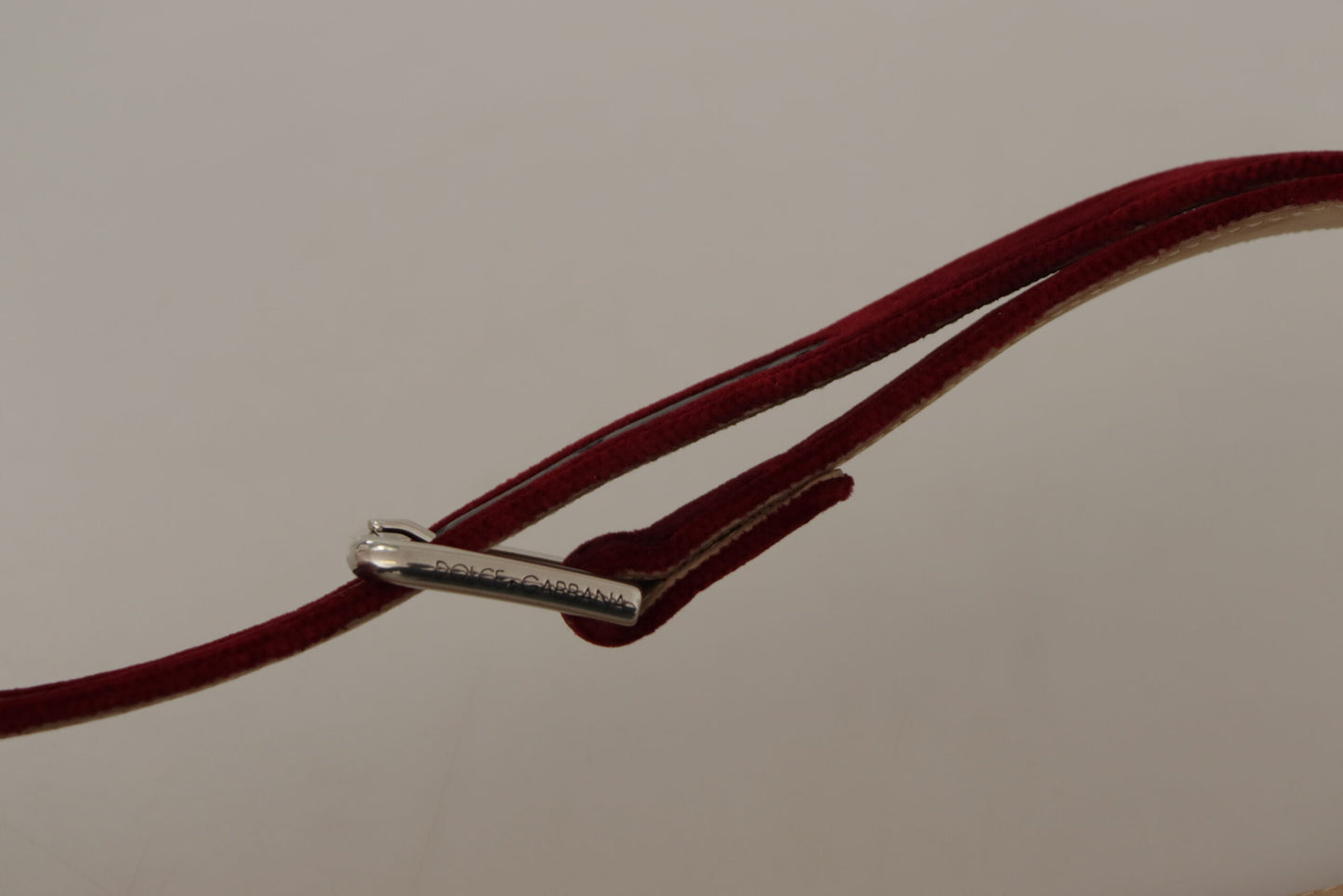 Dolce &amp; Gabbana Red Velvet Silver Logo Engraved Metal Buckle Belt