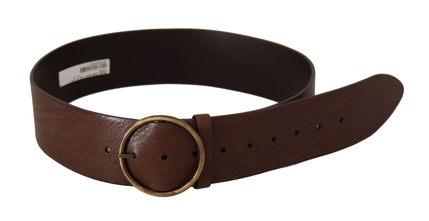 Dolce &amp; Gabbana Brown Leather Wide Waist Logo Metal Round Buckle Belt