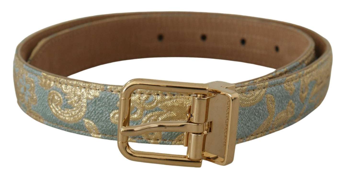 Dolce &amp; Gabbana Blue Leather Jacquard Embossed Gold Metal Buckle Belt