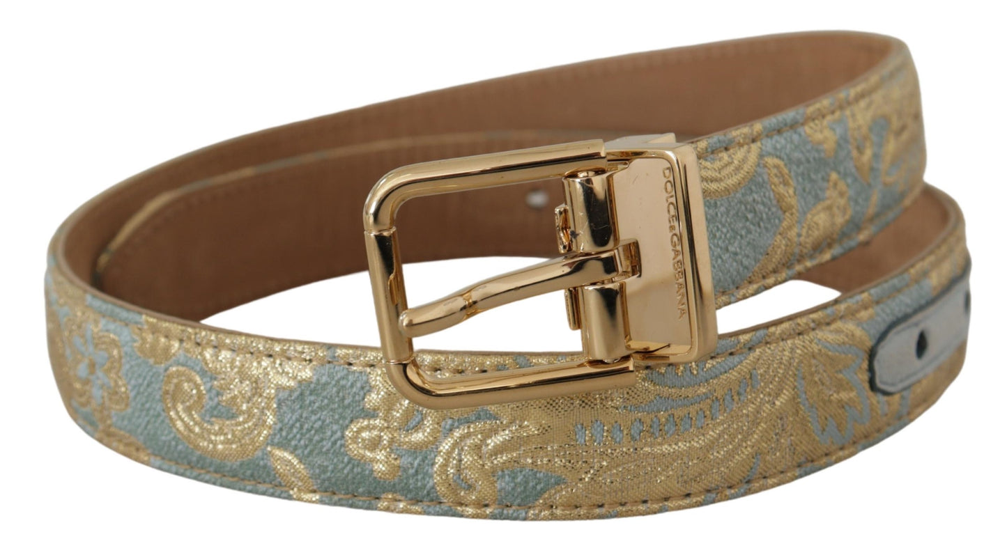 Dolce &amp; Gabbana Blue Leather Jacquard Embossed Gold Metal Buckle Belt