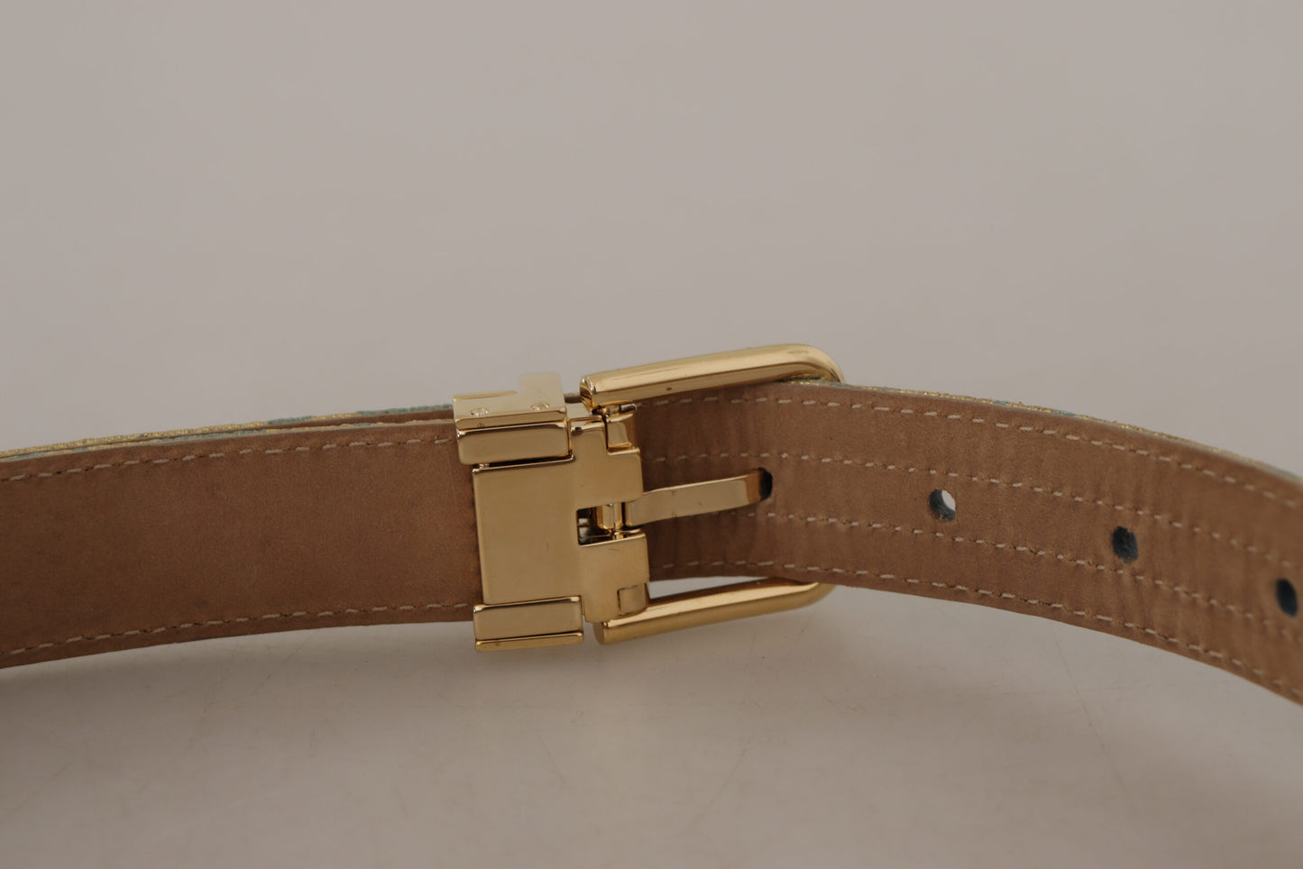 Dolce &amp; Gabbana Blue Leather Jacquard Embossed Gold Metal Buckle Belt