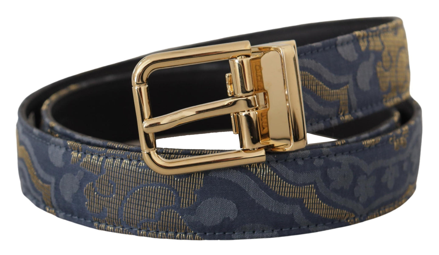 Dolce &amp; Gabbana Navy Blue Jacquard Gold Tone Logo Metal Buckle Belt