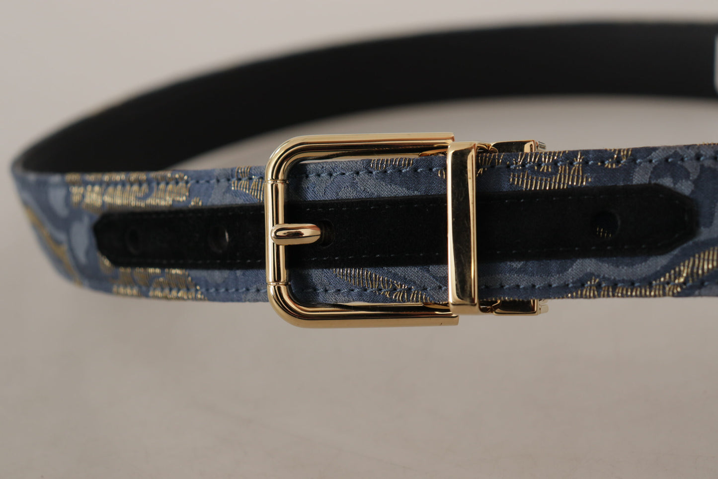 Dolce &amp; Gabbana Navy Blue Jacquard Gold Tone Logo Metal Buckle Belt