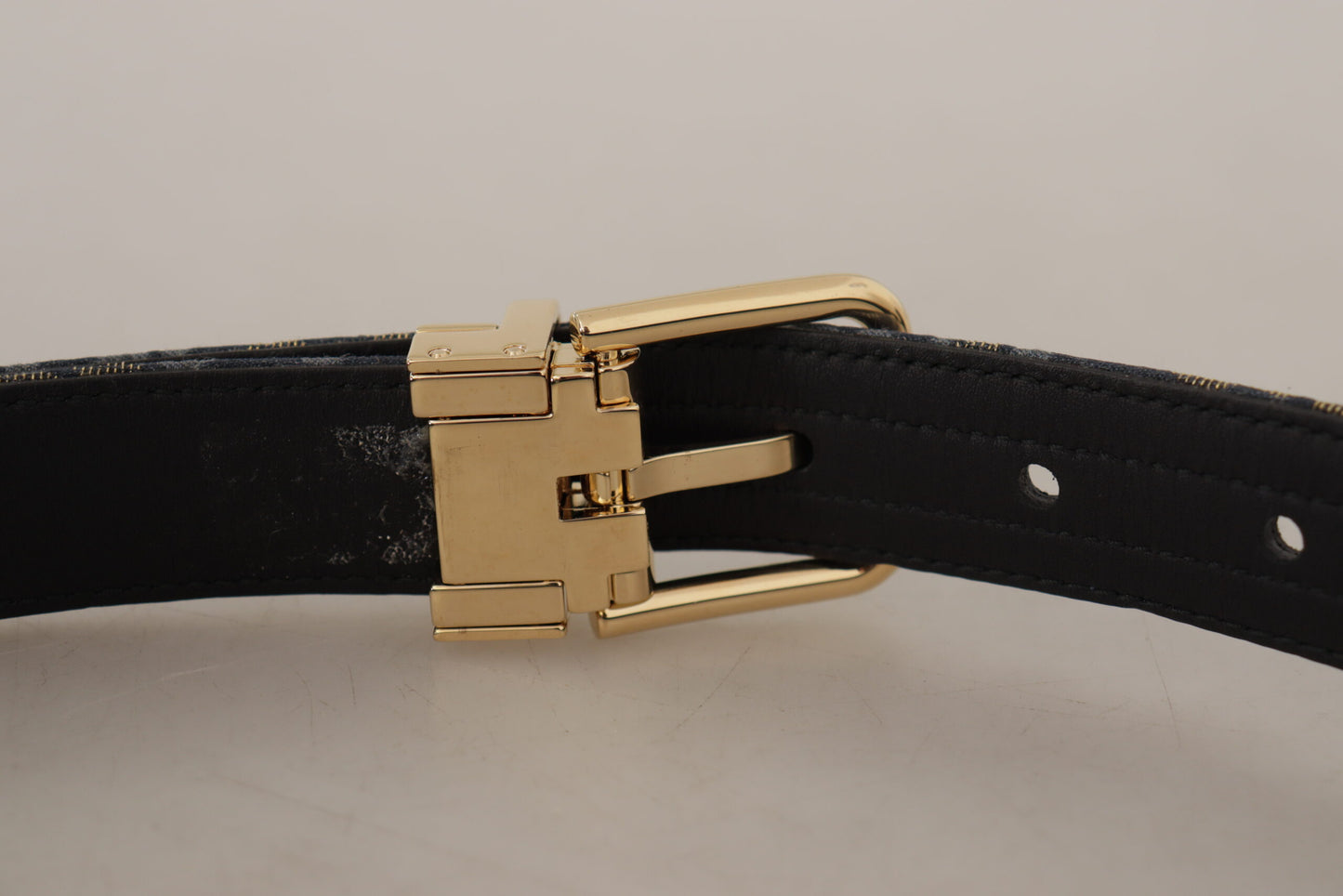 Dolce &amp; Gabbana Navy Blue Jacquard Gold Tone Logo Metal Buckle Belt