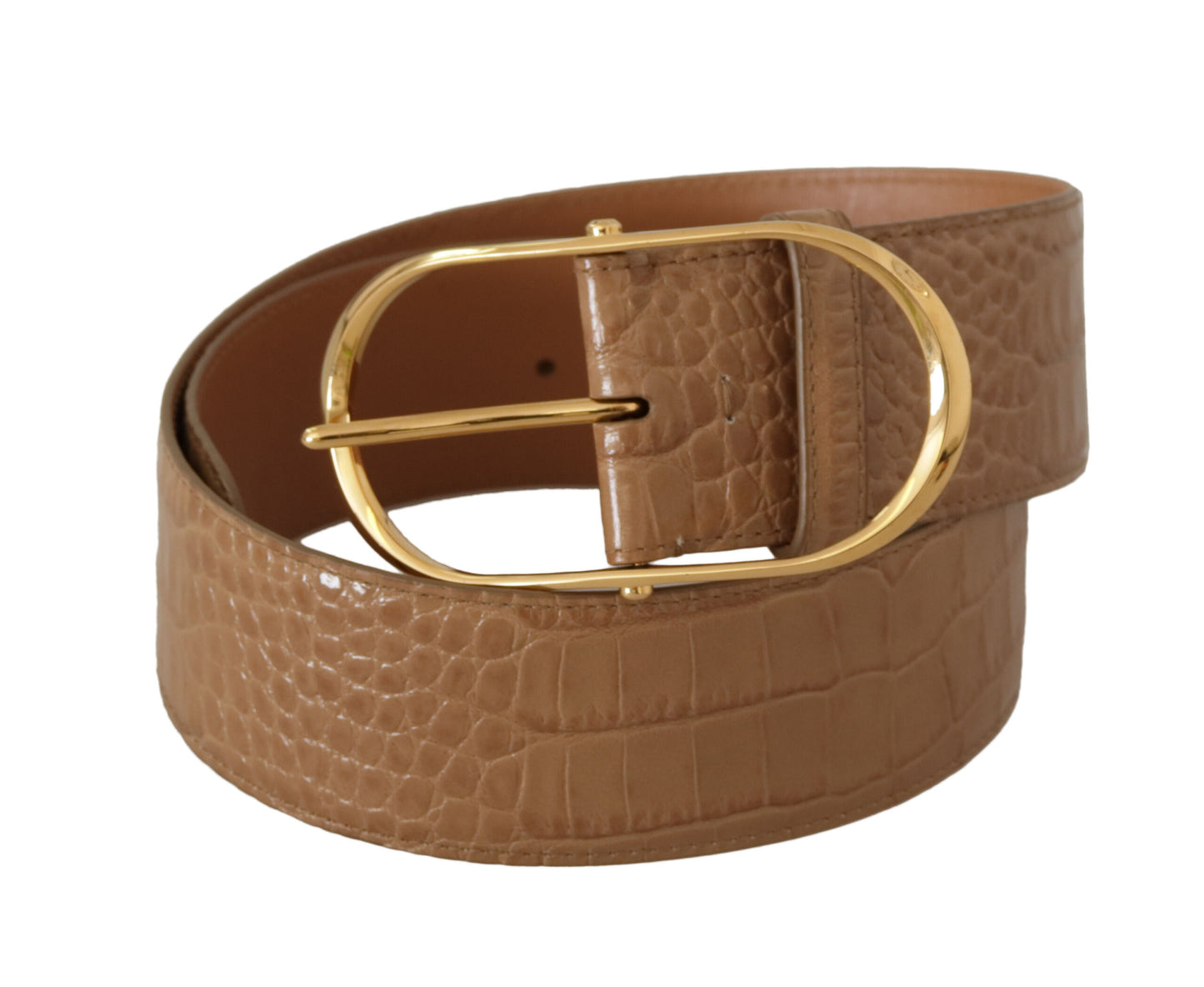 Dolce &amp; Gabbana Brown Beige Leather Gold Metal Oval Buckle Belt