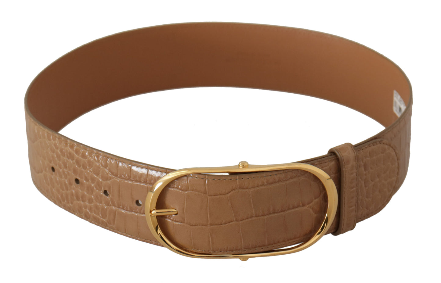 Dolce &amp; Gabbana Brown Beige Leather Gold Metal Oval Buckle Belt