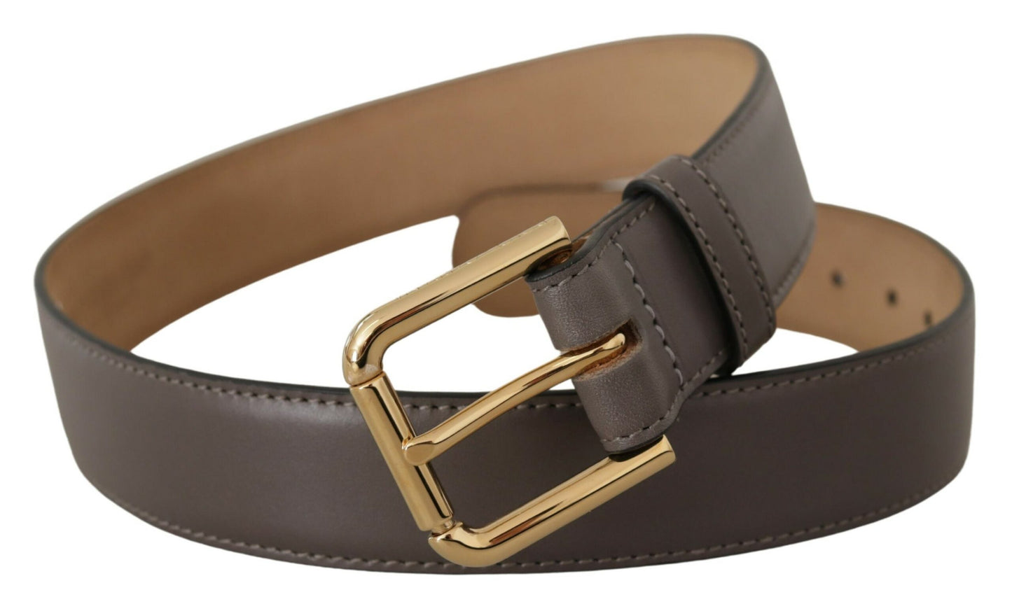 Dolce &amp; Gabbana Gray Calfskin Leather Gold Metal Logo Buckle Belt