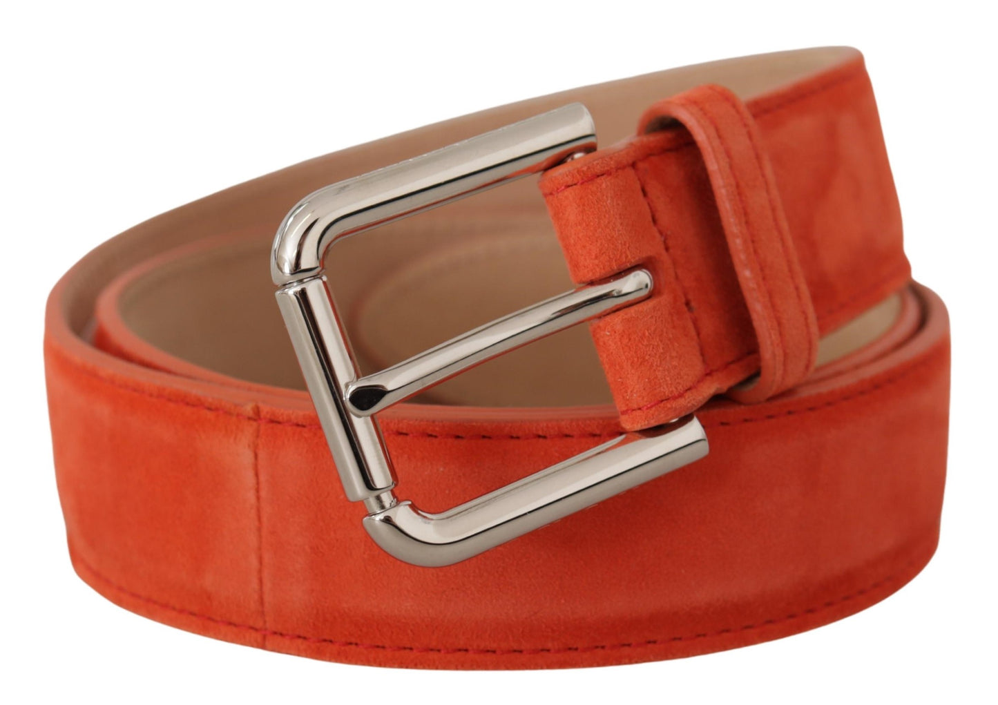 Dolce &amp; Gabbana Orange Leather Suede Silver Logo Metal Buckle Belt