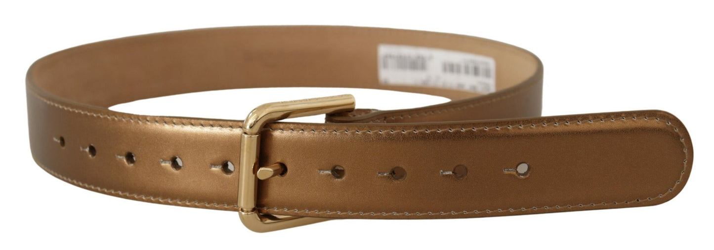 Dolce &amp; Gabbana Bronze Leather Gold Logo Engraved Waist Buckle Belt