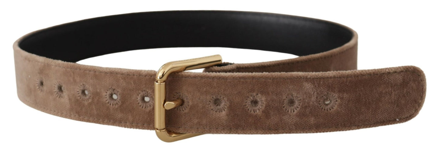 Dolce &amp; Gabbana Light Brown Velvet Gold Tone Logo Metal Buckle Belt